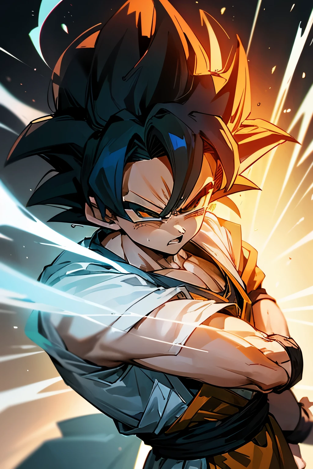 1boy, ((saiyan)), (master ultra instinct) godly_aura, ghostblade, (detailed musscles), (angry face). againts ben 10, (Ultimatrix), no limitations for all