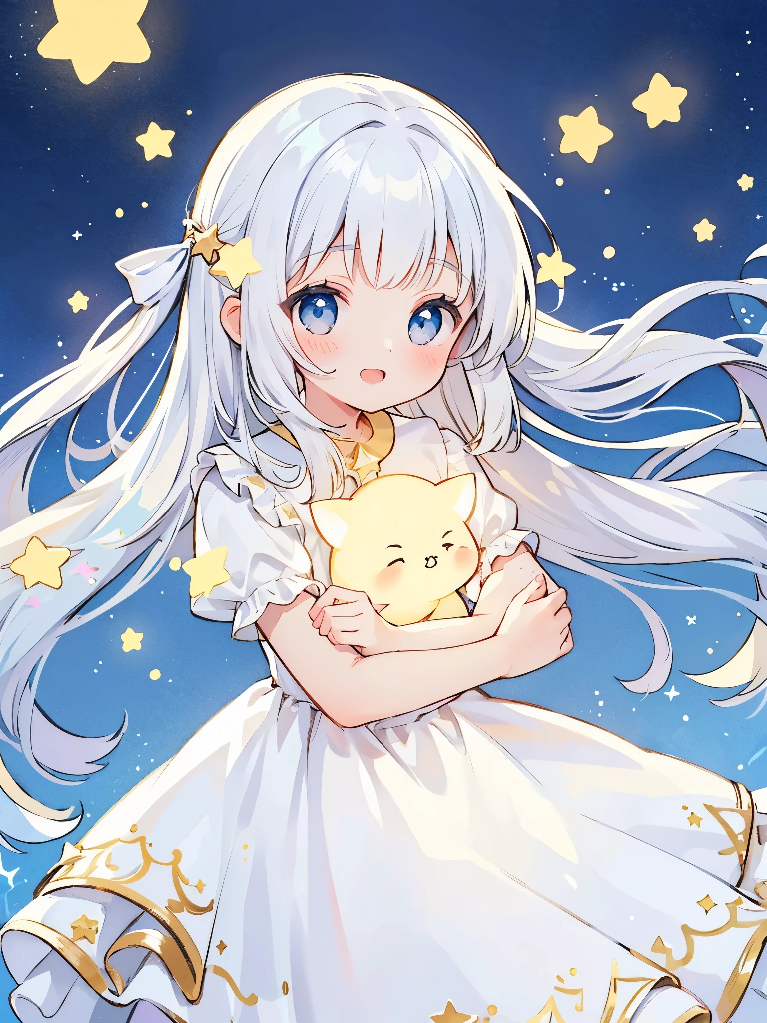 beautiful girl with white hair hugging (((a glowing star))) in her arms, her smile radiates innocence and joy, all the light comes from the star in her arms, she wears a long flowing sheer translucent white dress, her eyes sparkle like starlight with a beautiful blue, magical, whimsical, dreamy, fantasy, closeup, bust portrait, golden ratio, perfection, serene composition, sharp focus, intricate details, masterpiece, best quality, illustration, midjourney style, soft pastel colors, vibrant, colorful
