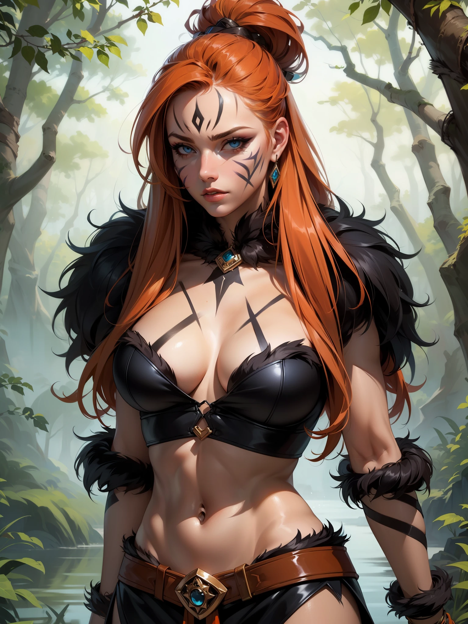 perfect eyes:1.2, detailed eyes:1.4, serious, long hair, hair up, barbarian, fur trim, facepaint:1.2, tribal, bodypaint, fur-trimmed coat, orange hair, nature, 1girl, solo, (masterpiece:1.6, best quality),