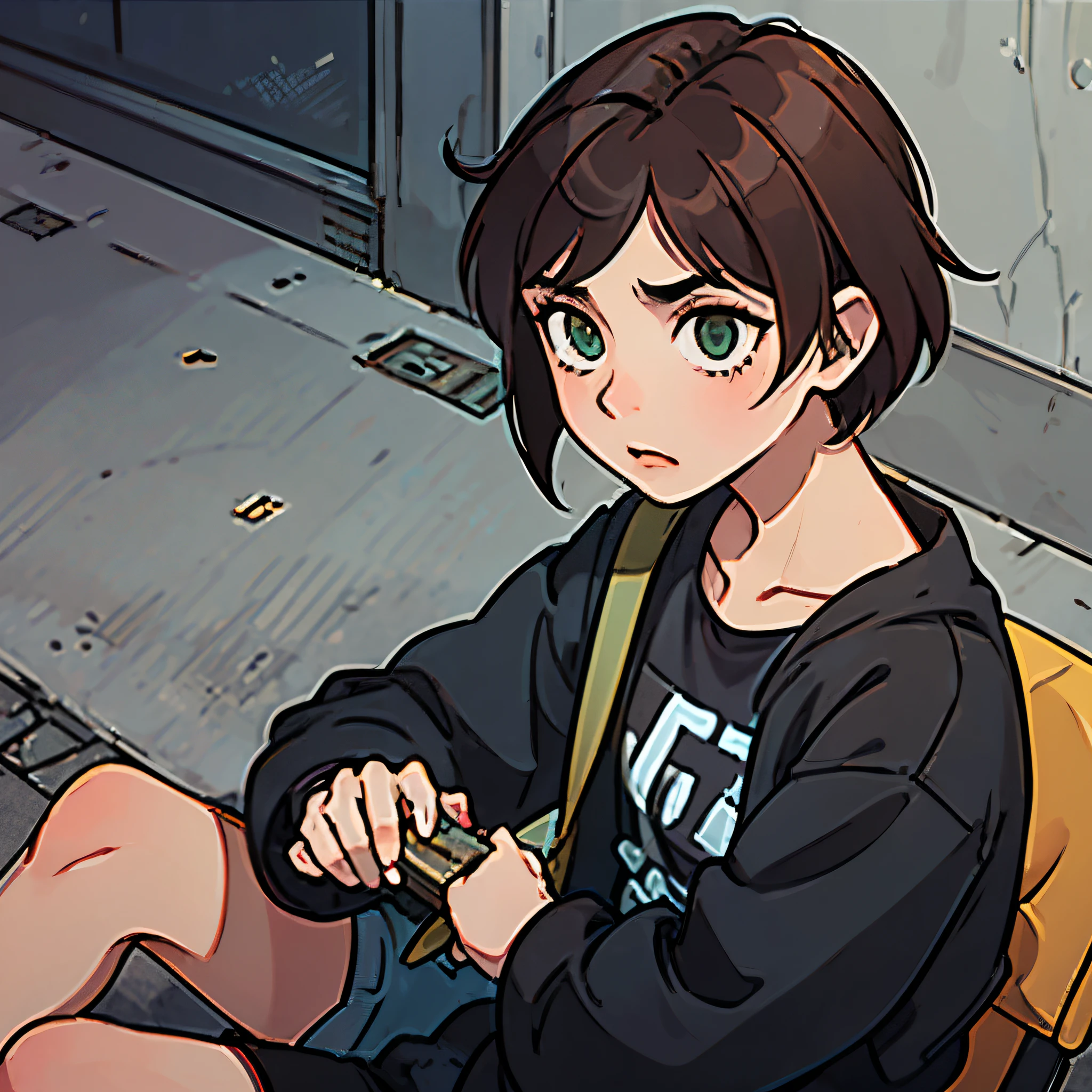 Androgynous and tomboy girl, very short hair, dark brown hair, messy hair, sit in the streets, street clothing, playing a harmonica, green sanpaku eyes.