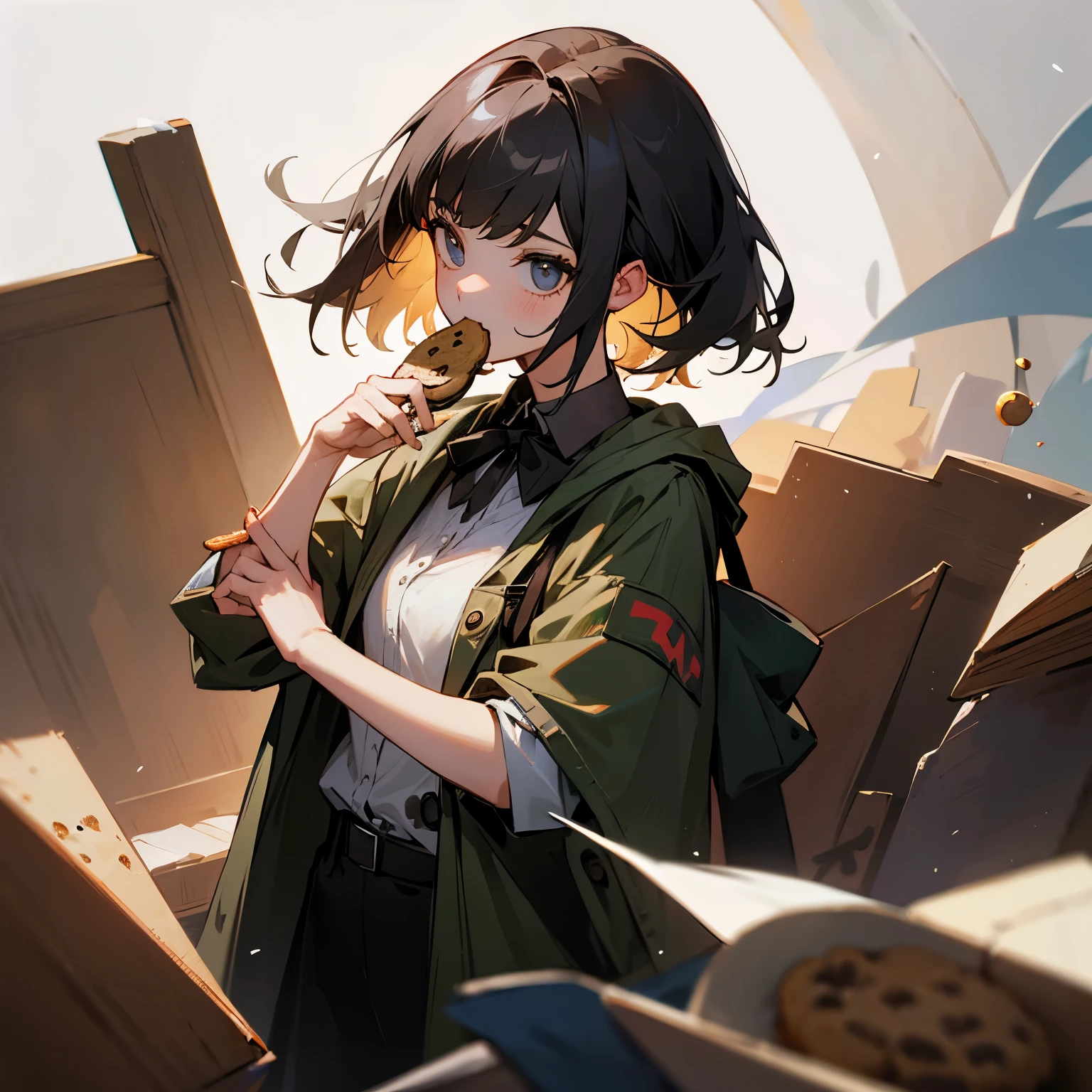 A girl wearing a is holding a cookie in her mouth