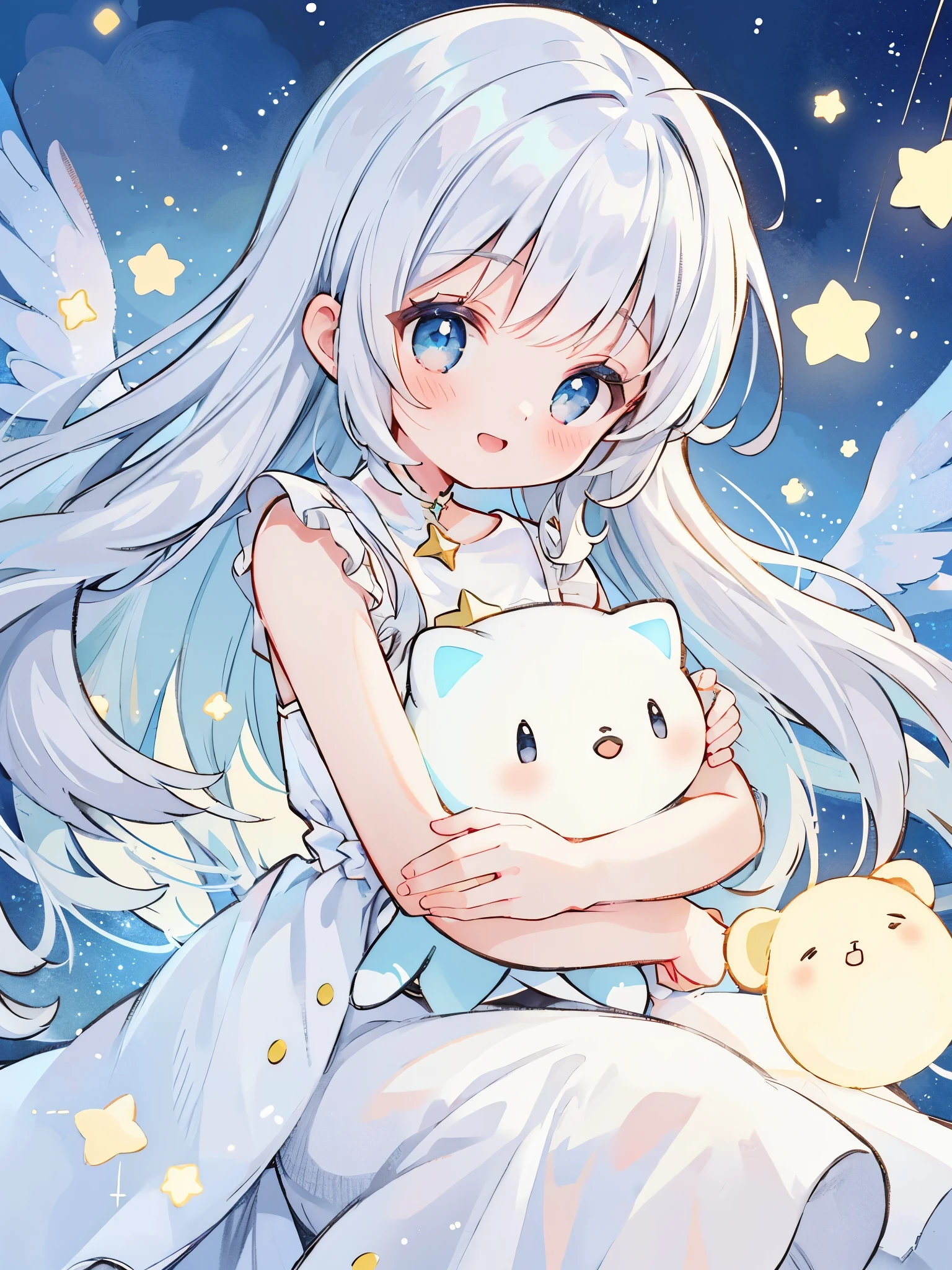 beautiful girl with white hair hugging (((a glowing star))) in her arms, her smile radiates innocence and joy, all the light comes from the star in her arms, she wears a long flowing sheer translucent white dress, her eyes sparkle like starlight with a beautiful blue, magical, whimsical, dreamy, fantasy, closeup, bust portrait, golden ratio, perfection, serene composition, sharp focus, intricate details, masterpiece, best quality, illustration, midjourney style, soft pastel colors, vibrant, colorful