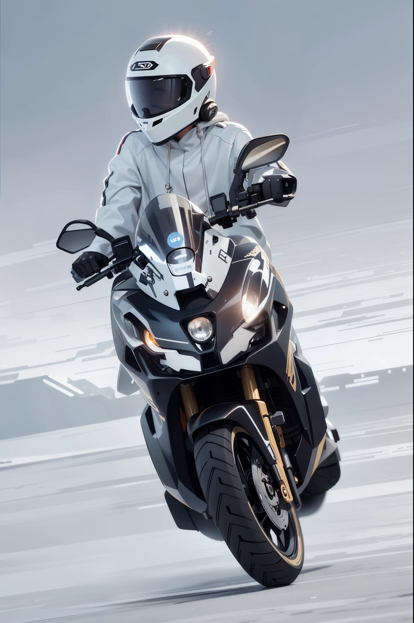 Flat illustration, arafed man in a white suit riding a motorcycle, cinematic front shot, cinematic front lightning, riding a futuristic motorcycle, sitting on cyberpunk motorbike, cinematic full shot, black octane render, insanely detailed octane render, motorcycle, highly detailed octane render, ultimate octane render, reflective suit, high octane render, front on, 2 0 2 1 cinematic 4 k framegrab