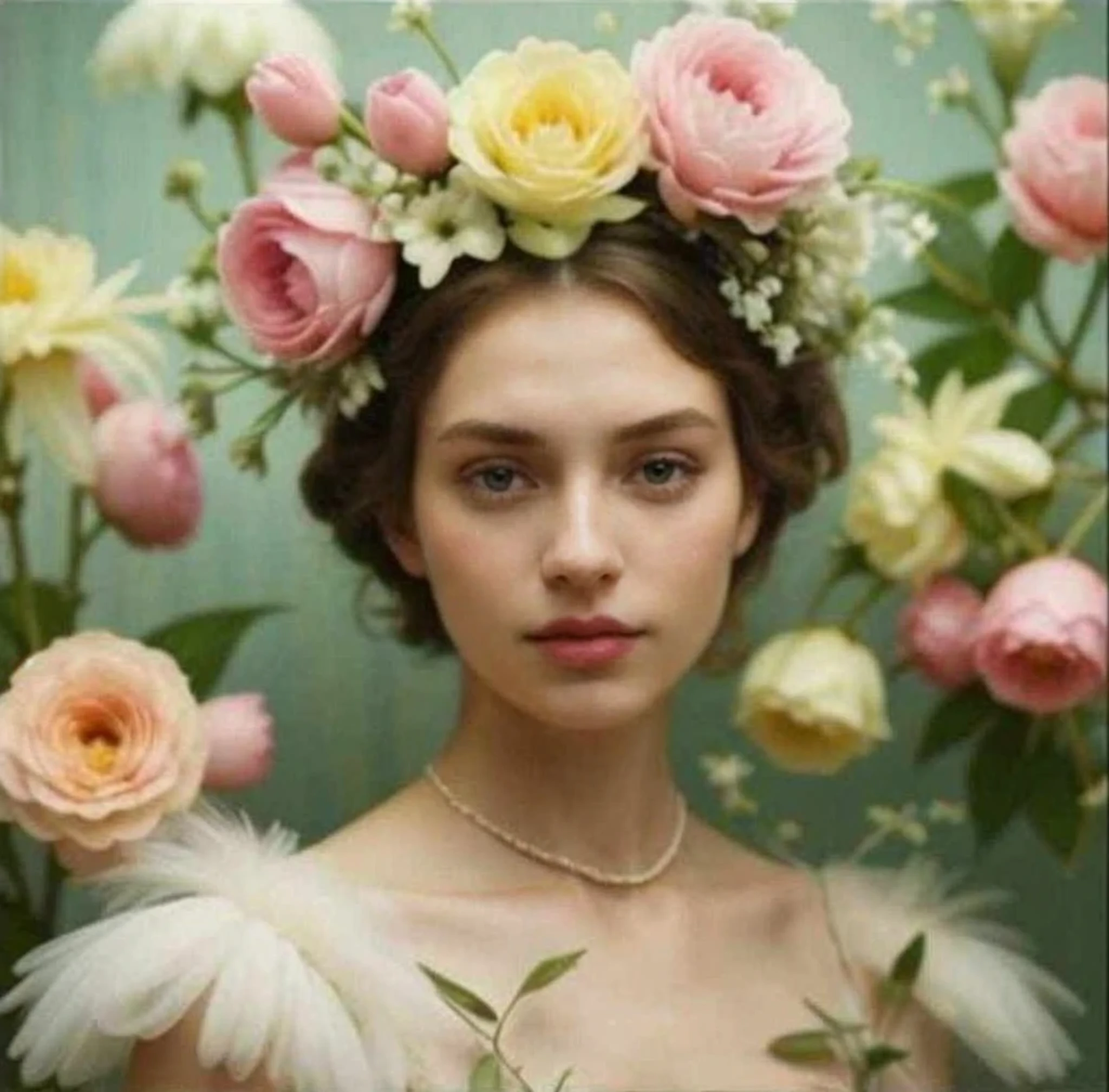 arafed image of a woman with a flower crown on her head, the flower crown, she has a crown of flowers, floral crown, monia merlo, crown of peach roses, flower goddess, flowers in hair, lotus floral crown girl, flower crown, flower queen, queen of flowers, woman in flowers, rose crown, floral couture, floral headdress