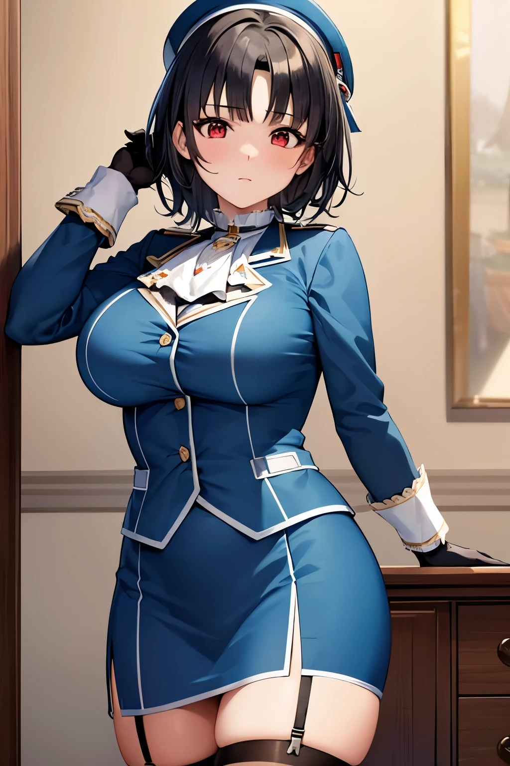 (masterpiece, best quality:1.2),illustration,8k,hd,1girl,solo,upper body,(portrait:1.2),takao \(kancolle\),black hair,red eyes,short hair,large breasts,long sleeves,hat,black gloves,black thighhighs,miniskirt,blue skirt,military uniform,beret,garter straps,blue jacket,blue headwear,pencil skirt, panty shot、Plump