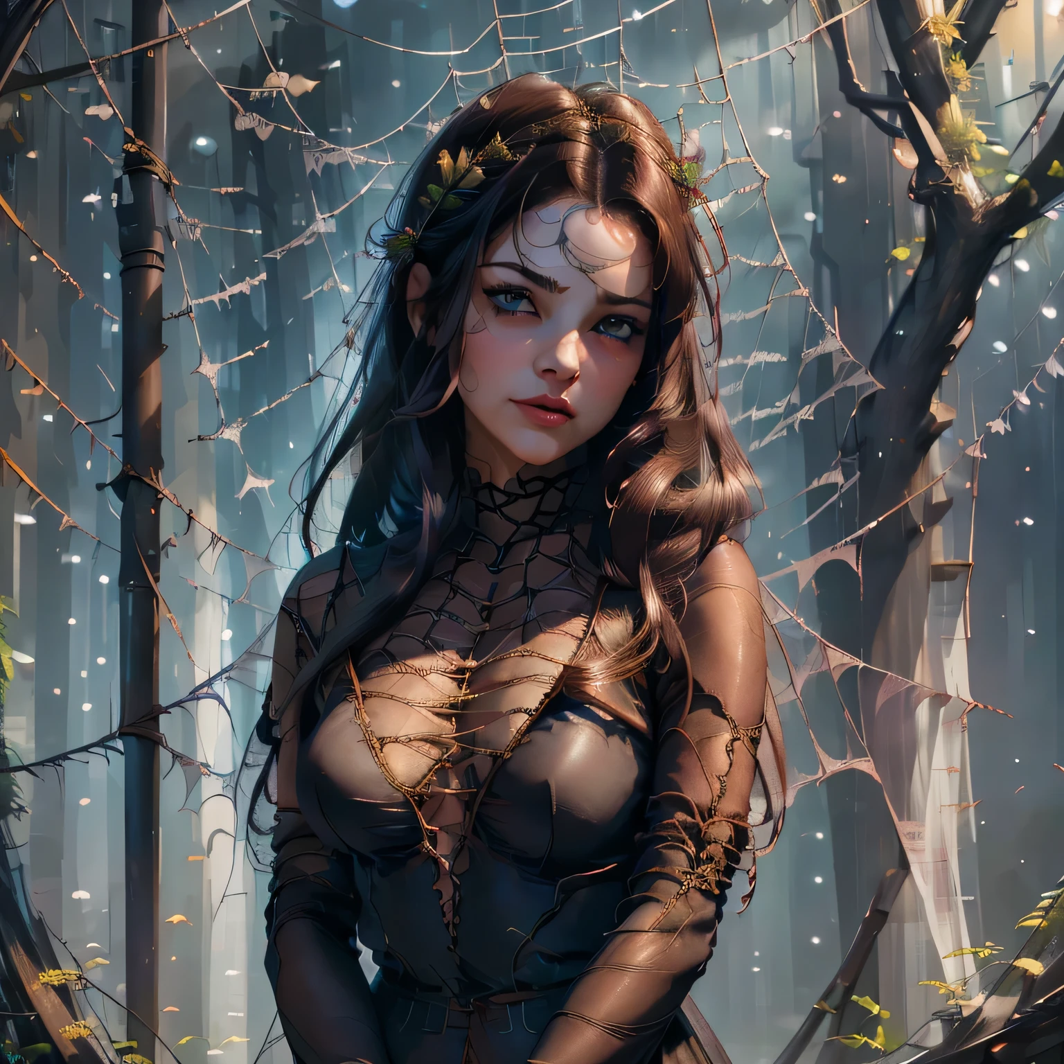 (a princess),(beautiful detailed eyes, beautiful detailed lips, extremely detailed face),(long sheer gown:1.1),(entangled in spider web:1.1),(solobound),(spider web),(best quality, 4k, highres:1.2), (ultra-detailed),(realistic:1.37),(portraits),(vivid colors),(mysterious, dark color palette),(soft lighting)