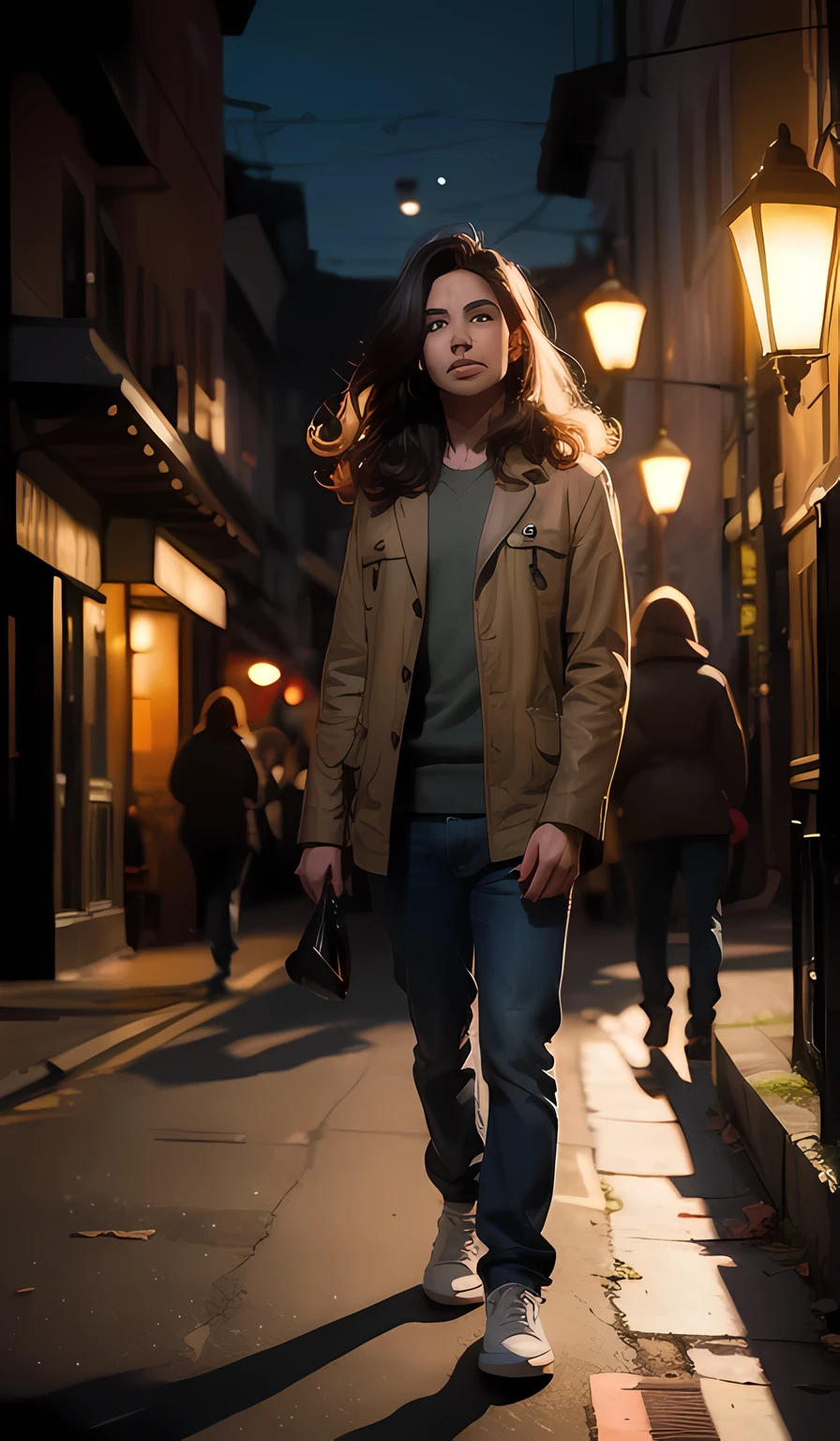 (RAW photo, best quality), (realistic, photo-realistic:1.30) (in the dark:1.0) Ligth purple brown Eyes, (multitude1.5) Street, (Street1.4), deep shadow, film grain, bokeh BREAK ( hard light:1.2),(Full Body:0.6), (volumetric:1.2), well-lit BREAK (dimly lit:1.4), film grain, bokeh BREAK ( hard light:1.2), (volumetric:1.2), well-lit BREAK (dimly lit:1.4) ,(masterpiece, best quality, detailed face, detailed eyes, high res, high quality), 1man, 37 age, curly long hair, moustache, full body, haf body, eyes glass,