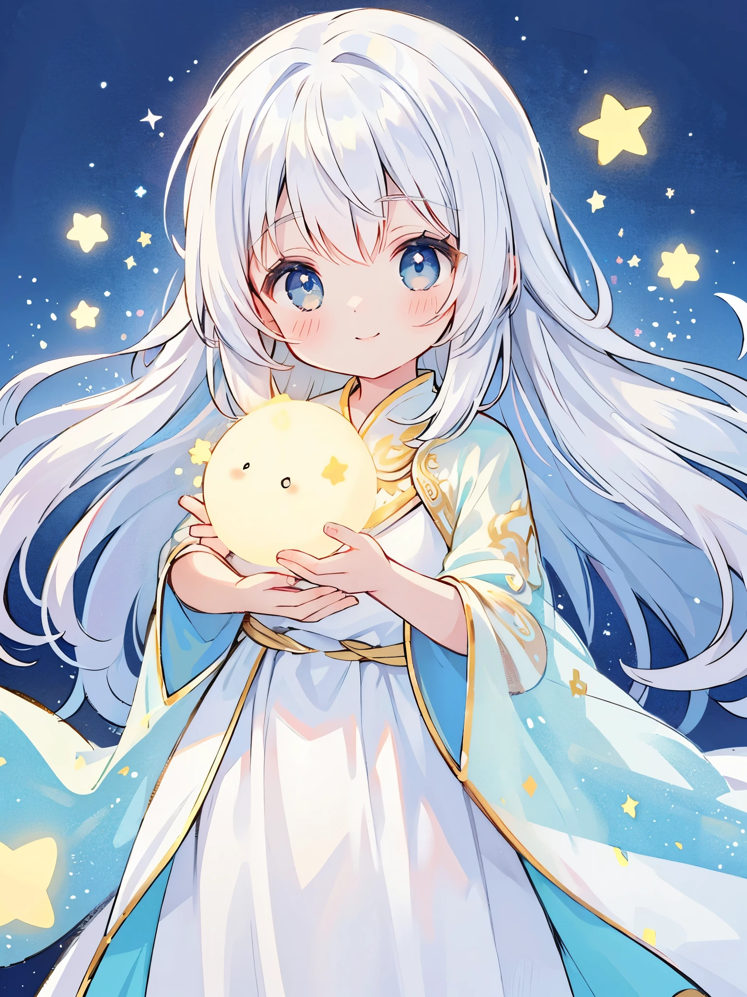 beautiful girl with white hair holding an armful of (((colorful glowing stars))) in her arms, her smile radiates innocence and joy, all the light comes from the stars in her arms, she wears a long flowing sheer translucent white dress, her eyes sparkle like starlight with a beautiful blue, magical, whimsical, dreamy, fantasy, closeup, bust portrait, golden ratio, perfection, serene composition, sharp focus, intricate details, masterpiece, best quality, illustration, midjourney style, soft pastel colors, vibrant, colorful