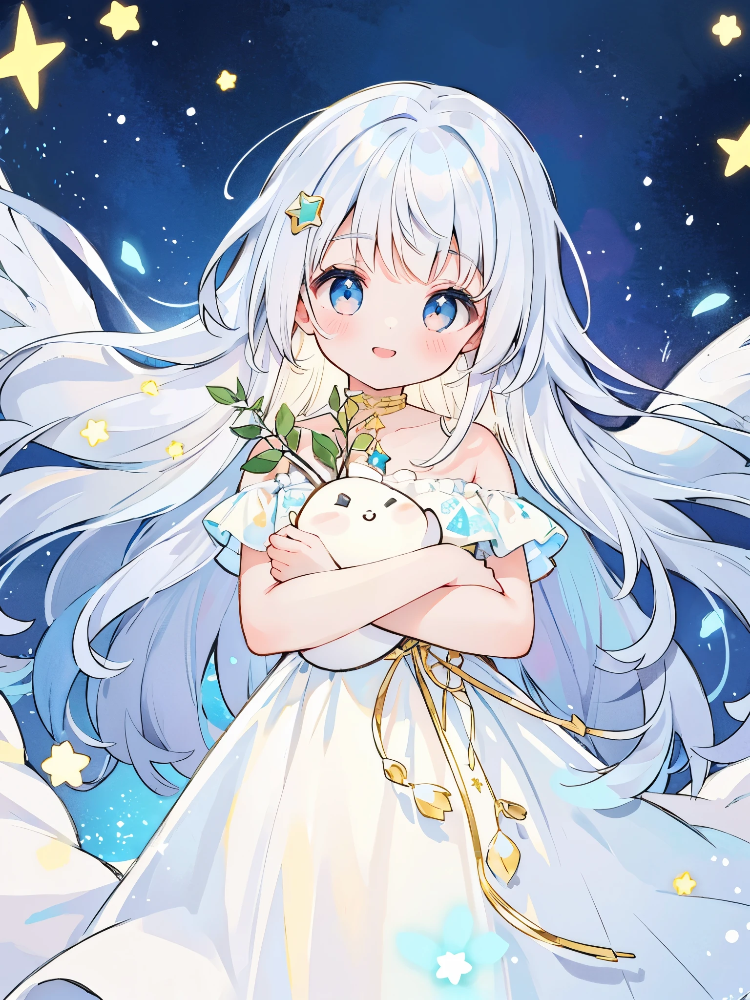 beautiful girl with white hair holding an armful of colorful glowing stars in her arms, her smile radiates innocence and joy, all the light comes from the stars in her arms, she wears a long flowing sheer translucent white dress, her eyes sparkle like starlight with a beautiful blue, magical, whimsical, dreamy, fantasy, closeup, bust portrait, golden ratio, perfection, serene composition, sharp focus, intricate details, masterpiece, best quality, illustration, midjourney style, soft pastel colors, vibrant, colorful
