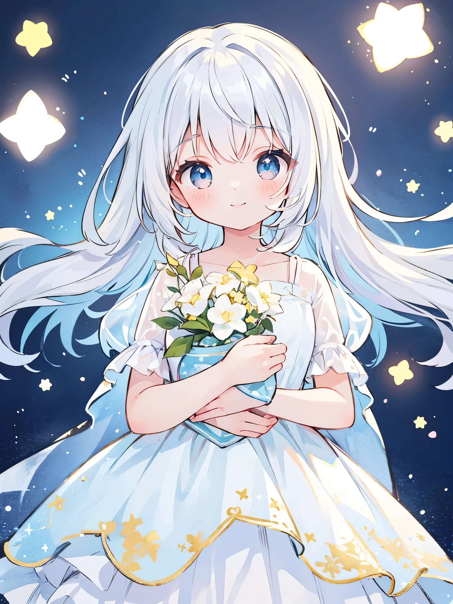 beautiful girl with white hair holding an armful of colorful glowing stars in her arms, her smile radiates innocence and joy, all the light comes from the stars in her arms, she wears a long flowing sheer translucent white dress, her eyes sparkle like starlight with a beautiful blue, magical, whimsical, dreamy, fantasy, closeup, bust portrait, golden ratio, perfection, serene composition, sharp focus, intricate details, masterpiece, best quality, illustration, midjourney style, soft pastel colors, vibrant, colorful