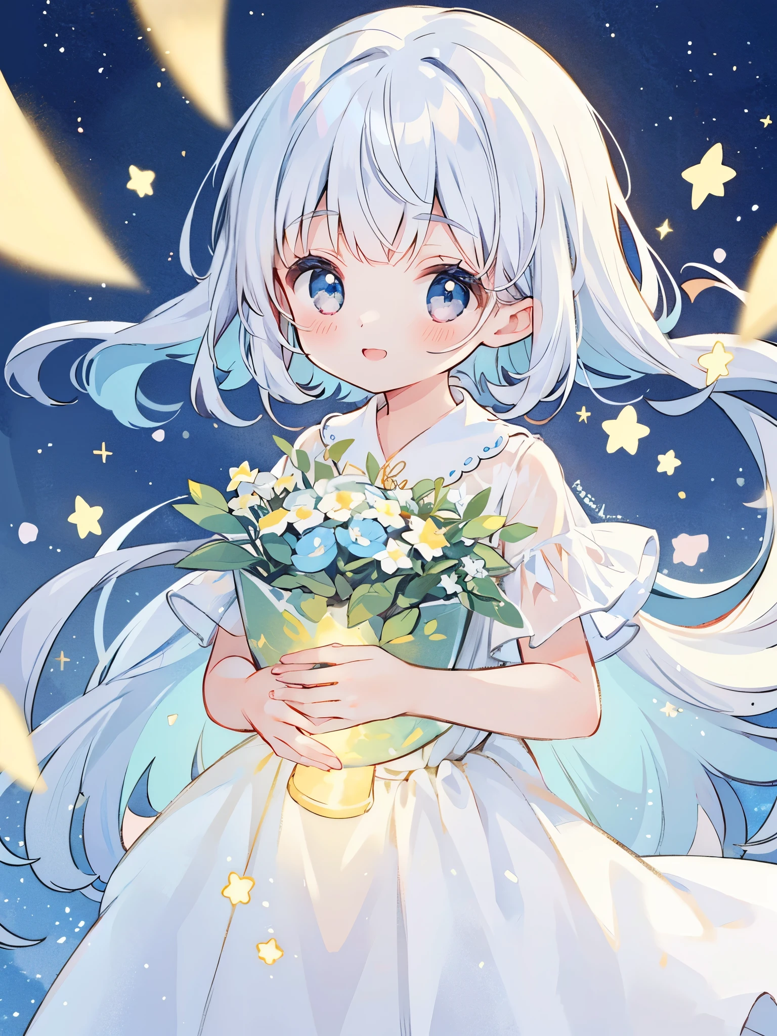 beautiful girl with white hair holding an armful of colorful glowing stars in her arms, her smile radiates innocence and joy, all the light comes from the stars in her arms, she wears a long flowing sheer translucent white dress, her eyes sparkle like starlight with a beautiful blue, magical, whimsical, dreamy, fantasy, closeup, bust portrait, golden ratio, perfection, serene composition, sharp focus, intricate details, masterpiece, best quality, illustration, midjourney style, soft pastel colors, vibrant, colorful