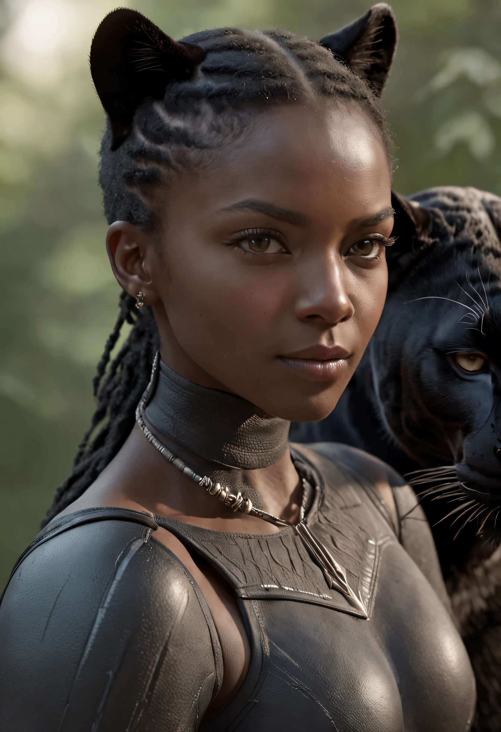fechar, retrato. hunting woman with a quiver of arrows behind and with her a large black panther at the edge of the forest, Perfect composition, linda, detalhada, intrincada, insanamente detalhada, octane rendering trend in artstation, 8k art photography, arte conceitual fotorrealista, soft natural volumetric cinematic perfect light, Claro-escuro, fotografia premiada, obra de arte