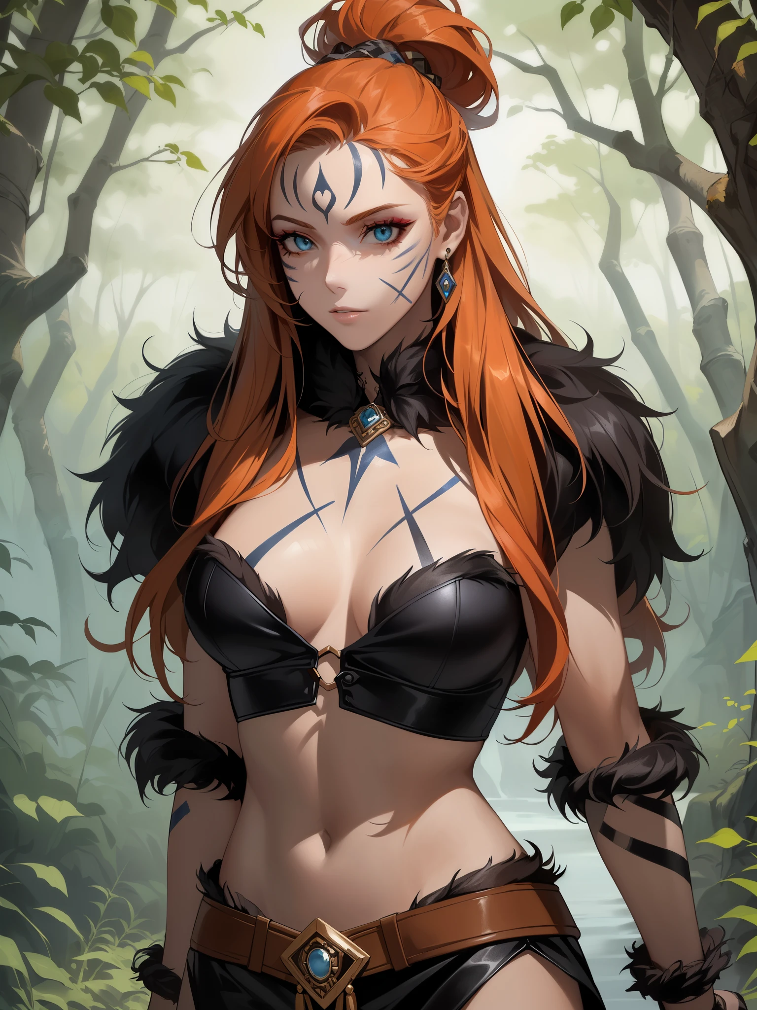 perfect eyes:1.2, detailed eyes:1.4, serious, long hair, hair up, barbarian, fur trim, facepaint:1.2, tribal, bodypaint, fur-trimmed coat, orange hair, nature, 1girl, solo, (masterpiece:1.6, best quality),