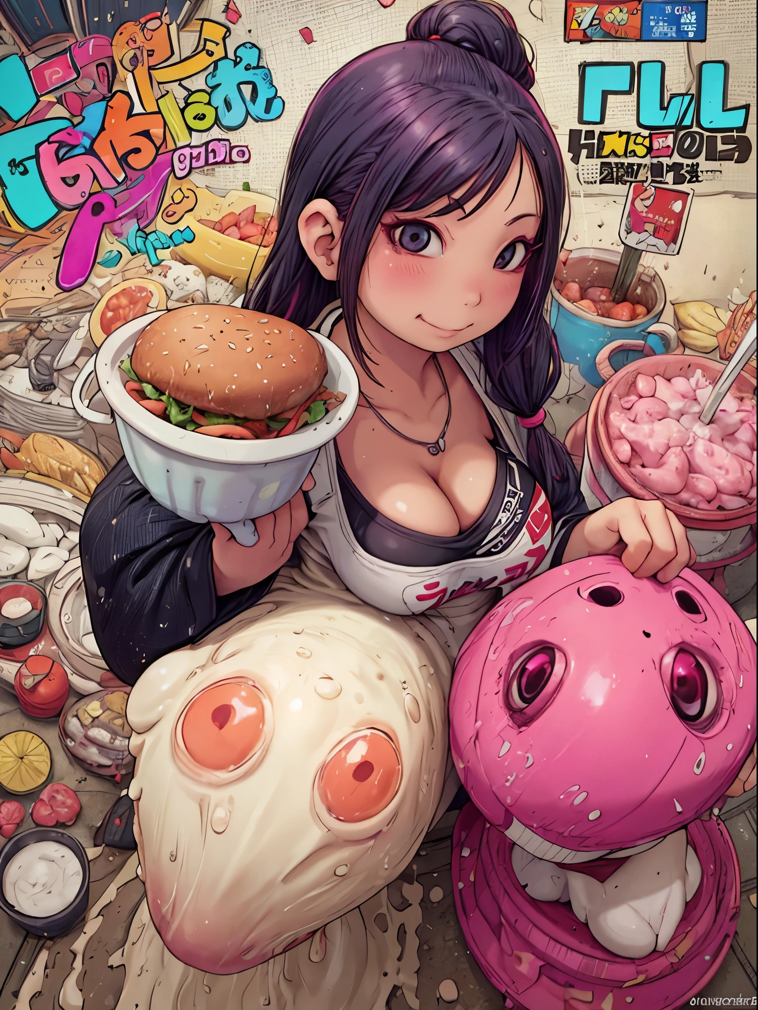 Colourful and pop magazine covers,(vulgar),Just the right kind of  japanese sunburn pregnant kuro Gyaru pregnant for promiscuous sex friend,Rainbow Hair Color,wearing an Mother's milk soaked into the short apron without any clothes on and necklace,hair accessories,between breasts,big breasts,,seductive grin smug,Tilt-shift cameracrowd,close up,from above,Fast food restaurant kitchens