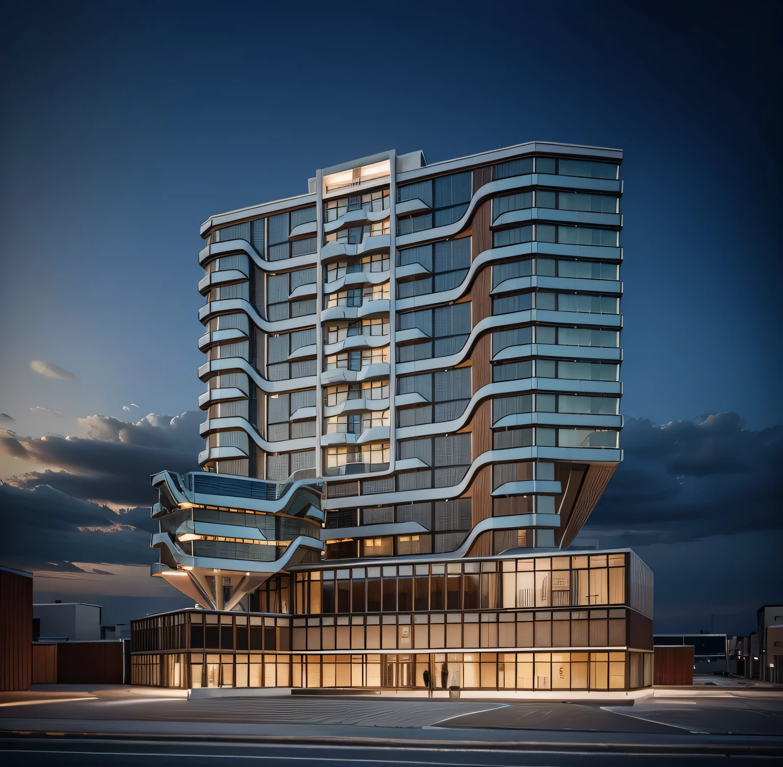 exterior of highrise hotel building, contemporary style, inspired of Norman Forster, glass with mable frame facade, 5 stars hotel design, beautiful landscape, stone pavement,cars, RAW photo, 8k uhd, dslr, soft lighting, high quality, film grain, Fujifilm XT3,masterpiece,