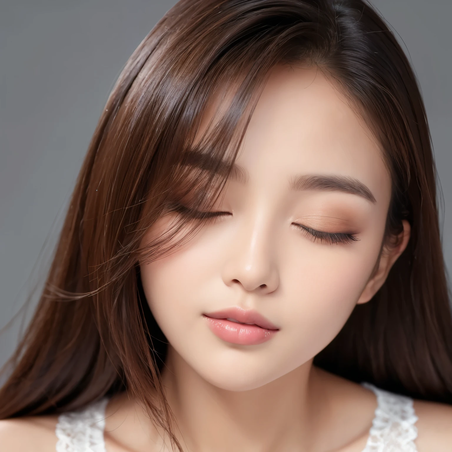 (highest quality、table top、8K、best image quality、Award-winning work)、1 woman、(kissing face:1.1)、kissing lips、(super close up of face:1.1)、(eyes completely closed:1.1)、(closed lips:1.1)、(bring your face closer to me:1.1)、(bring your lips close to me:1.1)、Beautiful glossy lipstick、perfect makeup、Ultra high definition beautiful face、ultra high definition hair、Super high definition beautiful closed eyelids、Super high resolution perfect teeth、(Beautiful glossy skin in super high resolution:1.1)、(Super high resolution glossy lips:1.1)、(face facing forward:1.1)、(body facing forward:1.1)