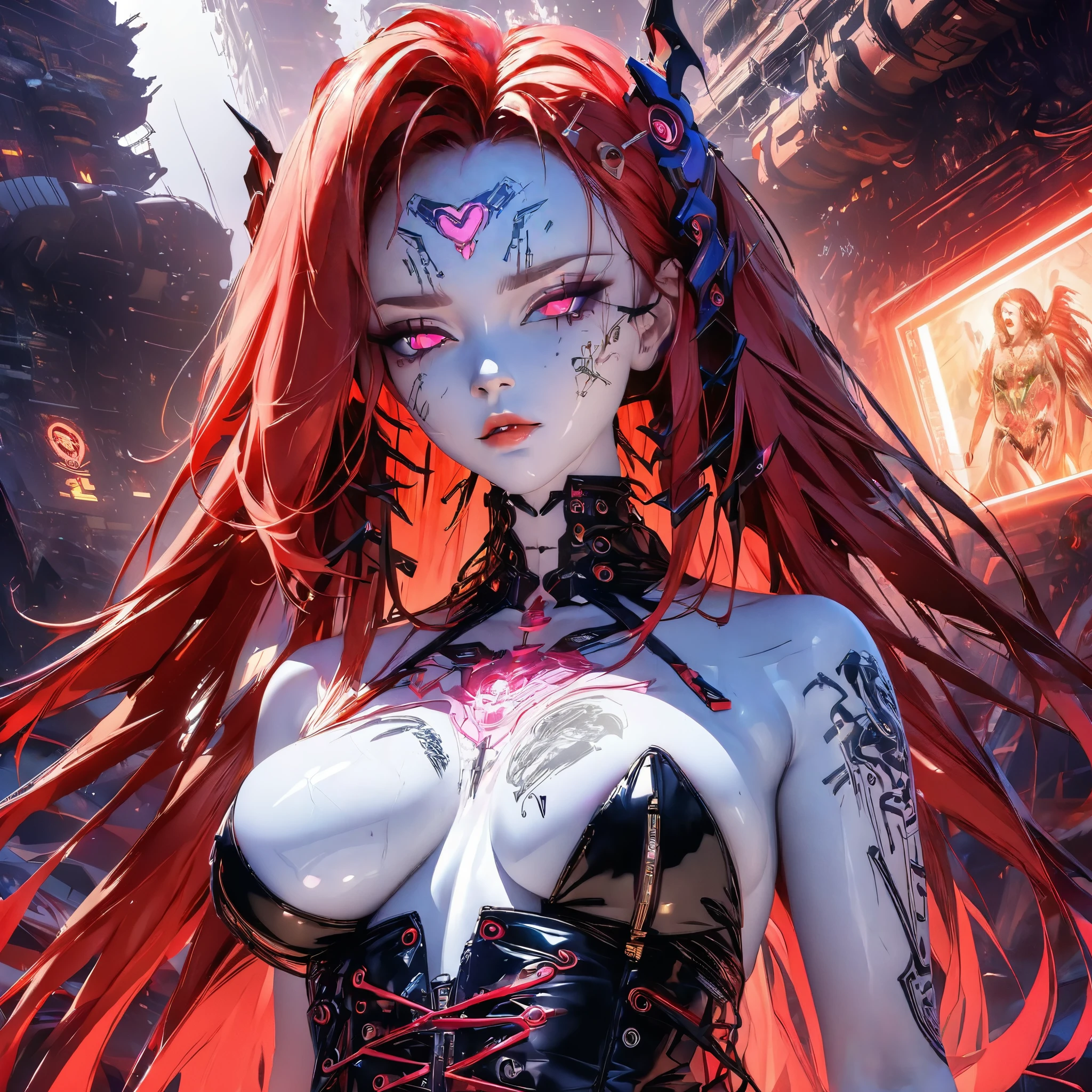 ((Create, Red-haired young girl-16+, demoness), (full height, very beautiful, long red hair, smooth clean, white skin, open body, bare shoulders))_ ((Red and black short evening dress), (dear jewelry, esoteric symbols, cyberpunk implants, electronic technology), (expensive futuristic jewelry on the body), (tattoos)), (her body is grace, elegance, ideal figure, a girl with long red hair, waist-length), (black metal , leather corset, rock stars), (demonic image, body in tattoos), (corset of belts, fasteners and fastenings, electronic implants woven into her outfit), (Goddess of Darkness, angel of the cyber World.), (magic amulets on breasts, cabalistic symbolism))_((Dynamic expressive image, detailed skin texture, graceful figure, sexy girlfriend, tattoos, erotic, dark angel)), (( NSFW))_(((Bright, anime style, cyberpunk), (Stylized Italian Renaissance, great art ), (magic and cyberpunk mixed together), (distant esoteric future, high technology - magic), (masterpiece, highest quality, background - futuristic horror style, engineering structures, temple of cyber technology))_ ((Clear frame, soft shadows , contrasting light), (warm range of colors, golden light, contrasting light with cold backlighting from the side, expressing volume and shape))_ ((Stylized 3D visualization imitating comic book graphic technique), (clear line, clear outline, shading, color fill))_((High quality, 4K | Ultra HD | Full HD, cinematic rendering)).