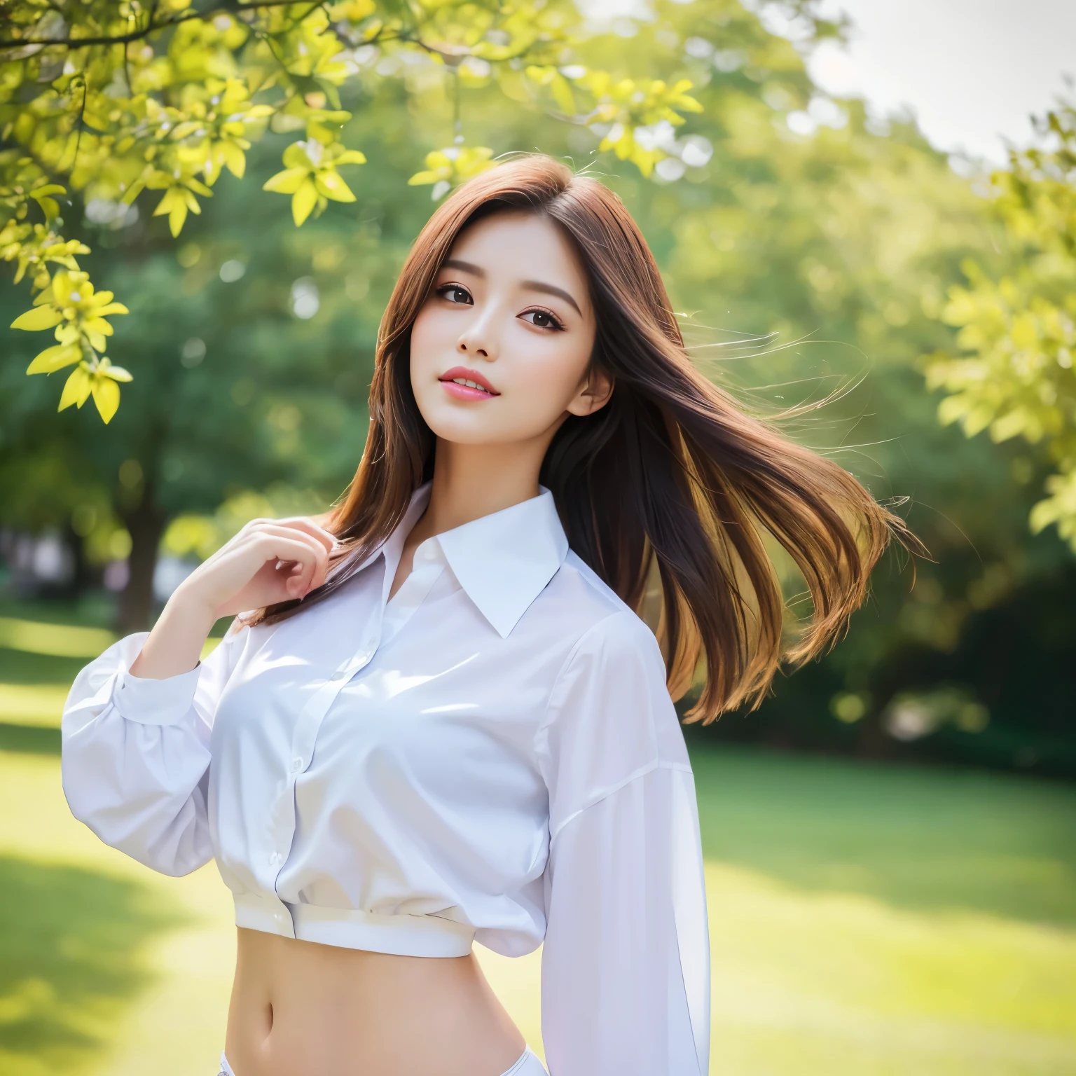 (highest quality、table top、8K、best image quality、Award-winning work)、1 girl、(Polyester long shirt with perfect white collar:1.1)、(Lower body wears only panties:1.2)、(standing elegantly:1.1)、accurate anatomy、emphasize body line、Blurred school garden background、Refreshing scenery、natural makeup、Ultra high definition perfect face、Super high resolution perfect teeth、ultra high definition hair、Super high-definition sparkling eyes、(Super high-resolution glowing skin:1.1)、Super high resolution glossy lips、(accurate anatomy:1.1)、(Beautiful skin that shines brightly:1.1)