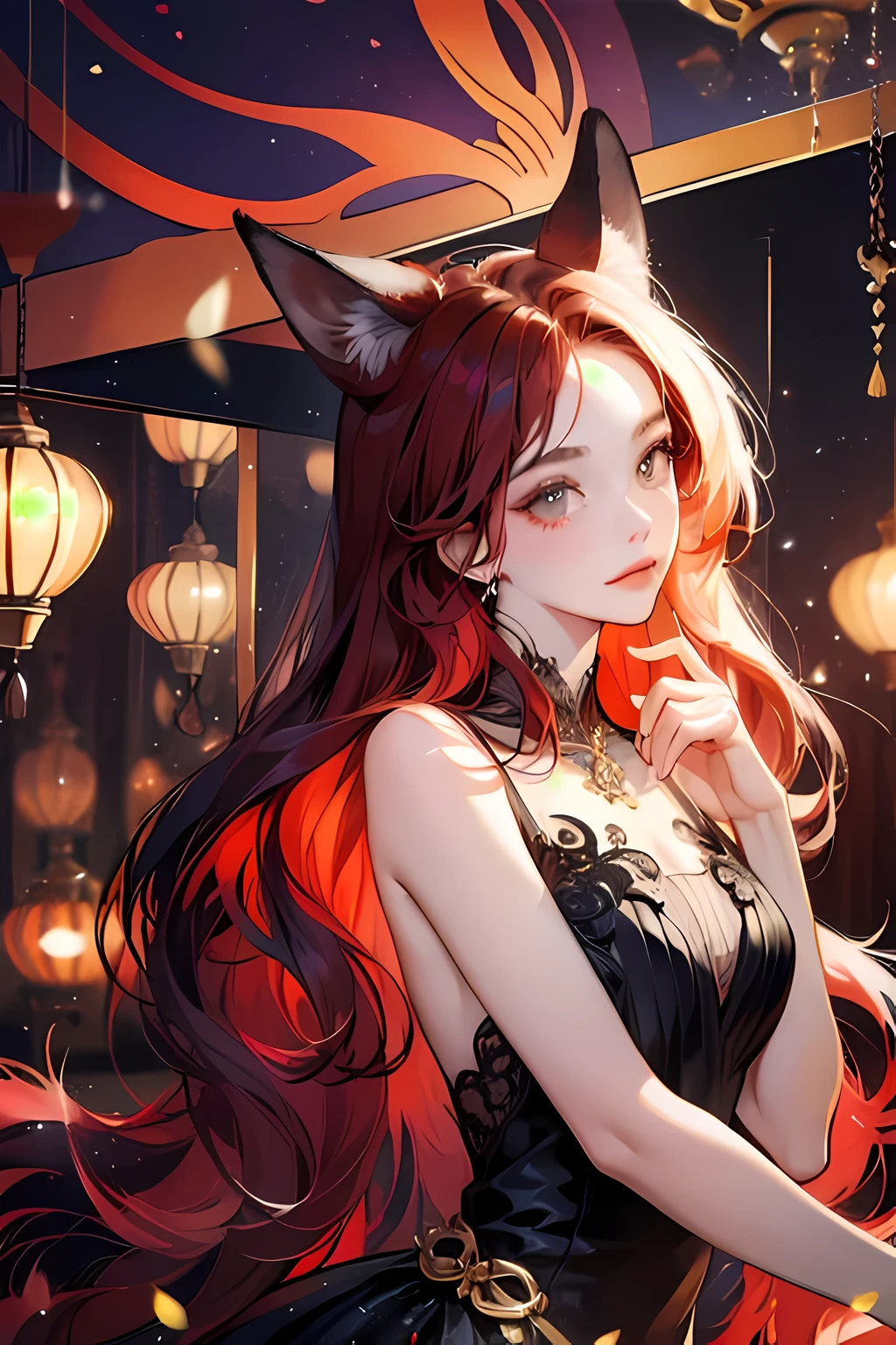 red dyed hair,Red fox ears,golden eyes,gorgeous black dress,Prom,Prom Hall,Colored crystal lamps