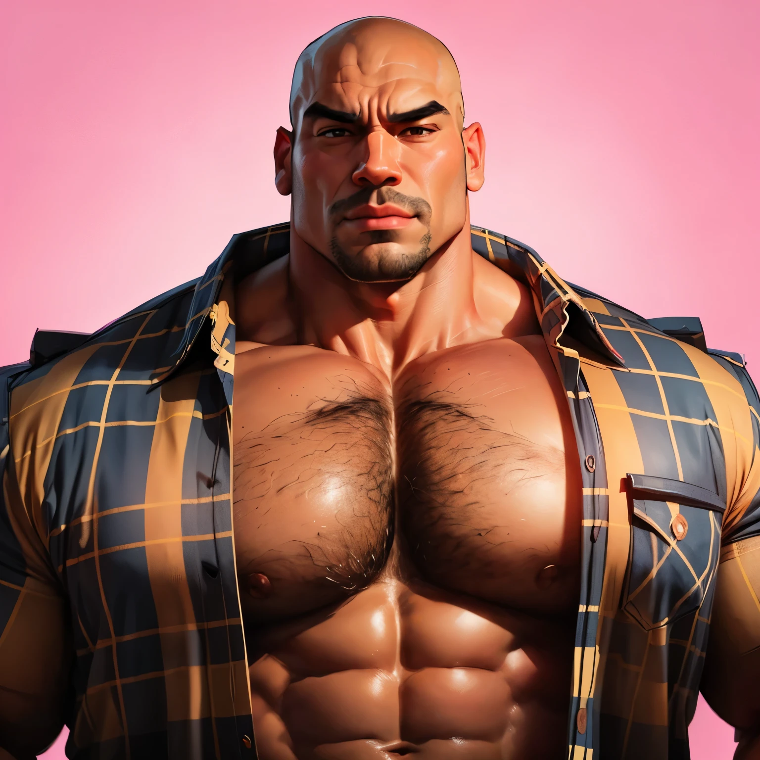 an exaggeratedly muscular and large bald bodyguard, mixed race, (wearing a flannel shirt: 1.2), (exposed pecs: 1.1), (bara pecs: 1.3), (hairy chest: 1.1), portrait HD, pink background light