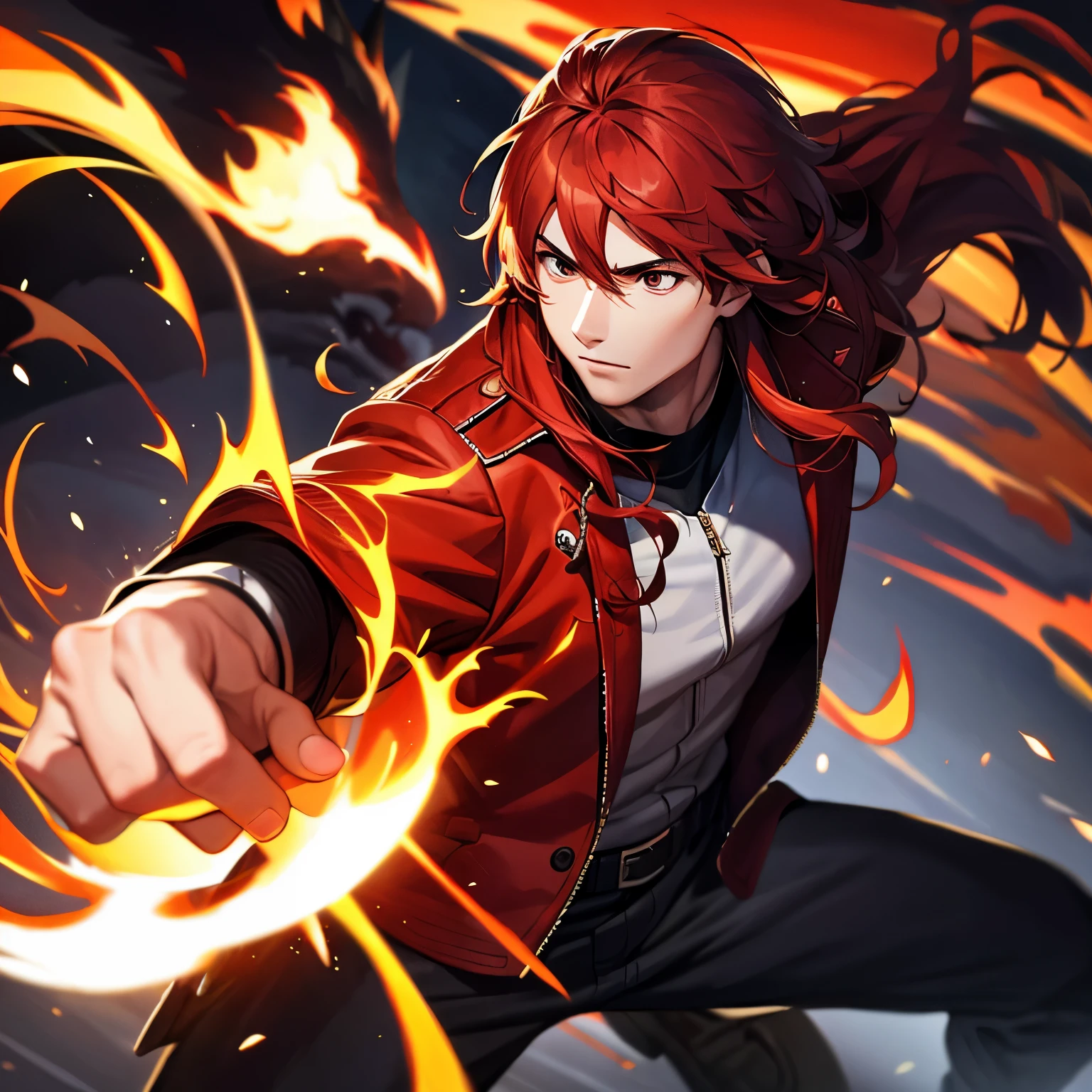 Anime young man sorrounded in flames, Fighting Pose, Fist in Fire, Wearing Red Jacket, Long Curly and Reddish Hair, 