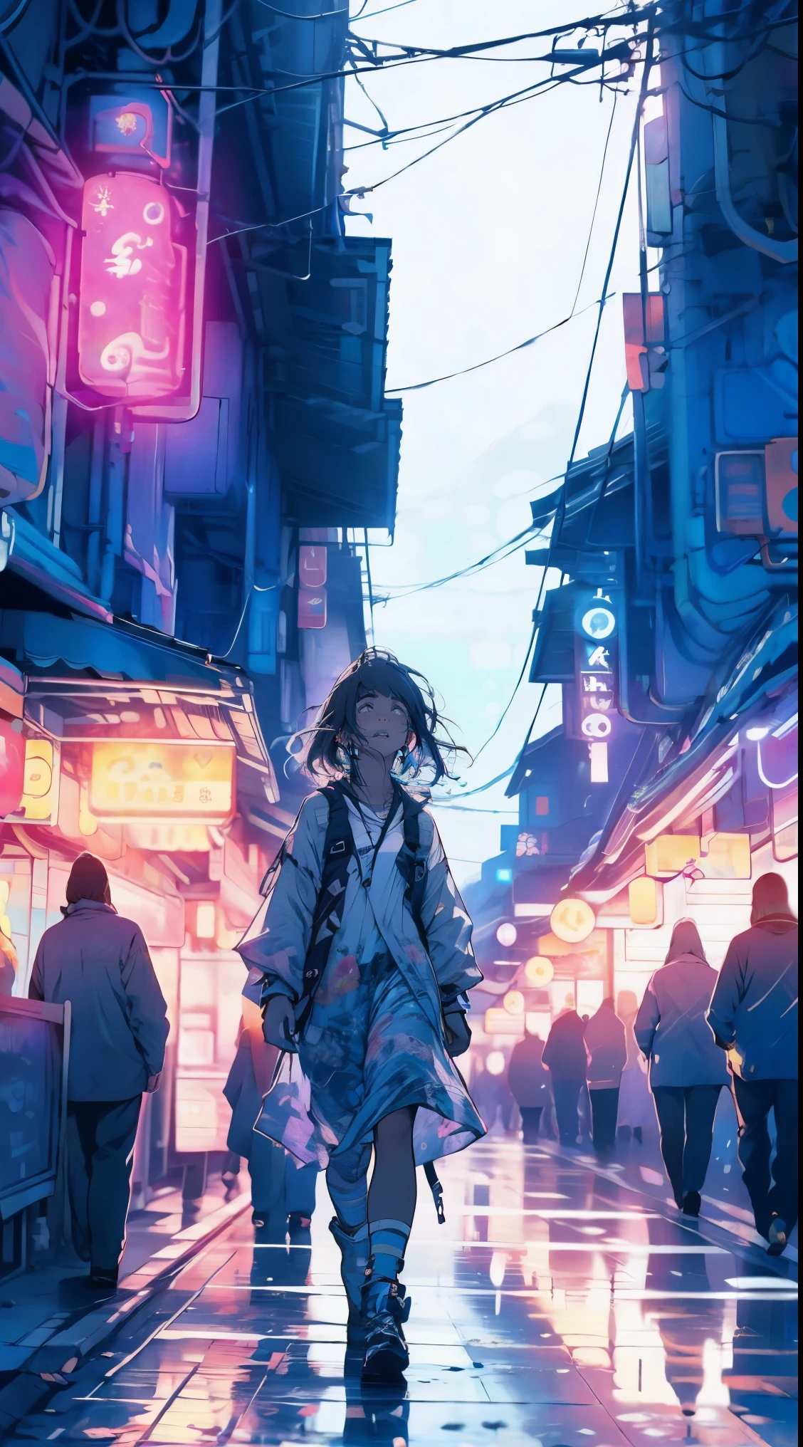 pinturas maestras，calidad optima，lluvia，mujer adulta，belleza、muy depresivo，Con pelo ????? corto，esta llorando，Mirando hacia un cielo nublado、Neon street in the background、neon color is blue.