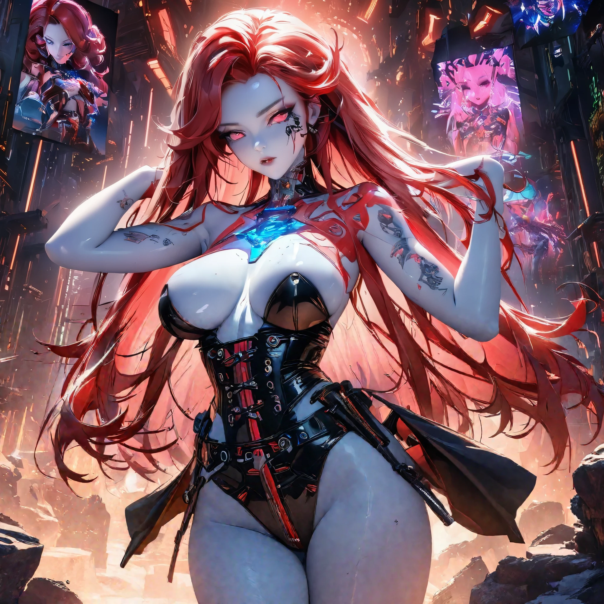 ((Create, Red-haired young girl-+, demoness), (full height, very beautiful, long red hair, smooth clean, white skin, open body, bare shoulders))_ ((Red and black short evening dress), (dear jewelry, esoteric symbols, cyberpunk implants, electronic technology), (expensive futuristic jewelry on the body), (tattoos)), (her body is grace, elegance, ideal figure, a girl with long red hair, waist-length), (black metal , leather corset, rock stars), (demonic image, body in tattoos), (corset of belts, fasteners and fastenings, electronic implants woven into her outfit), (Goddess of Darkness, angel of the cyber World.), (magic amulets on breasts, cabalistic symbolism))_((Dynamic expressive image, detailed skin texture, graceful figure, sexy girlfriend, tattoos, erotic, dark angel)), (( NSFW))_(((Bright, anime style, cyberpunk), (Stylized Italian Renaissance, great art ), (magic and cyberpunk mixed together), (distant esoteric future, high technology - magic), (masterpiece, highest quality, background - futuristic horror style, engineering structures, temple of cyber technology))_ ((Clear frame, soft shadows , contrasting light), (warm range of colors, golden light, contrasting light with cold backlighting from the side, expressing volume and shape))_ ((Stylized 3D visualization imitating comic book graphic technique), (clear line, clear outline, shading, color fill))_((High quality, 4K | Ultra HD | Full HD, cinematic rendering)).