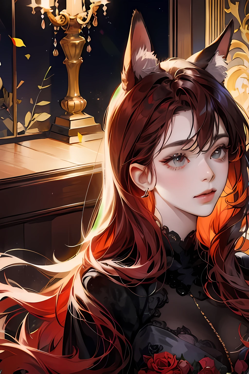 red dyed hair,Red fox ears,golden eyes,gorgeous black dress,Prom,Prom Hall,Colored crystal lamps