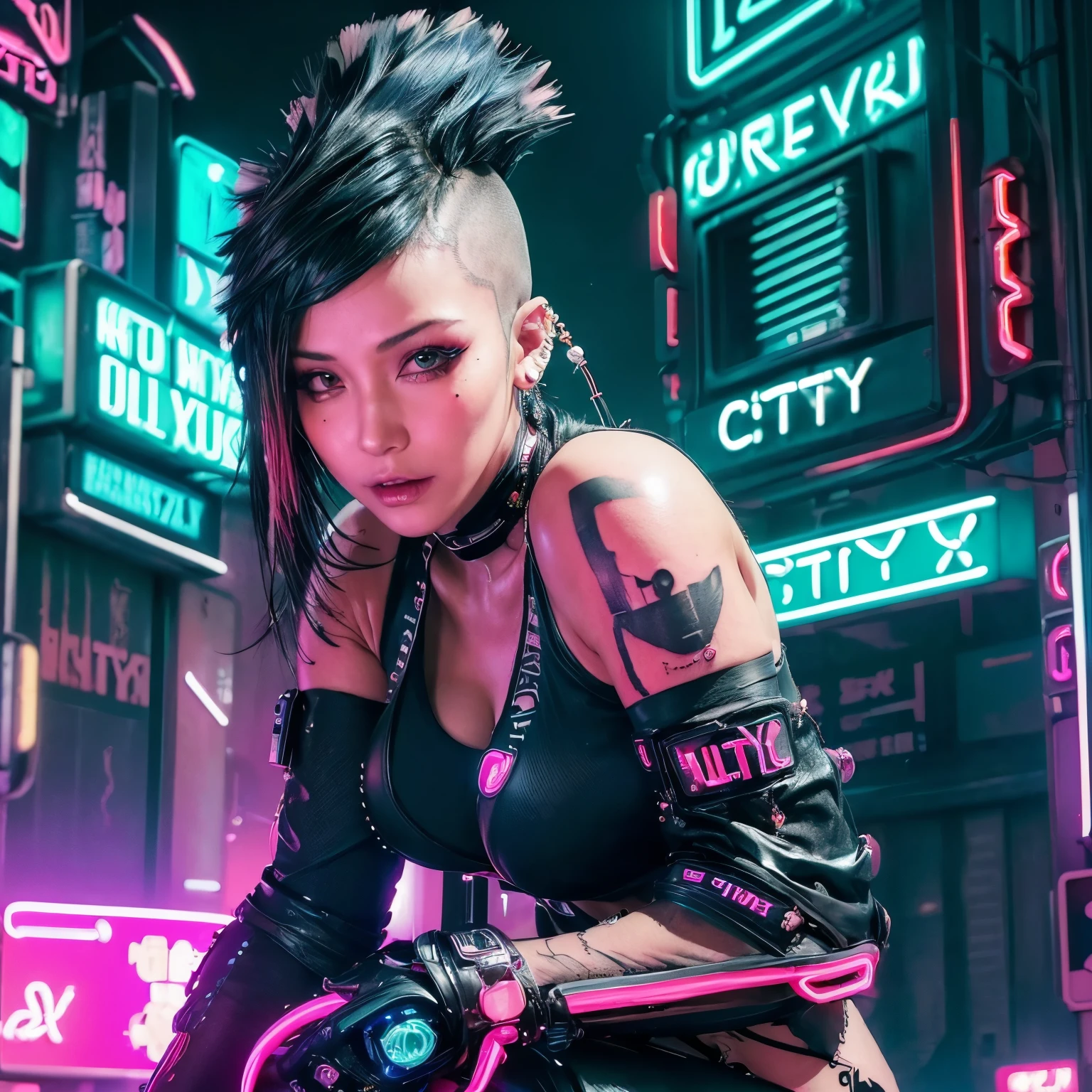 (0best quality, beautiful and aesthetic:1.2),(1 girl in:1.4),full body,sexy seductive slutty pose([green|black] short mohawk Hair:1.5),Very detailed,(Fractal art:1.3),(colored:1.5) ,highest details,(Neon background:1.4),(Neon city:1.75),night, accentuated super huge big breasts,cleavage showing(_Lolita:1.2),high heels,blush,(Cyberpunk, Harajuku-inspired cyberpunk, tattoo sleeves and piercings:1.4), Brunette, Colossal breasts, rich colors hyper realistic and realistic texture dramatic lighting
