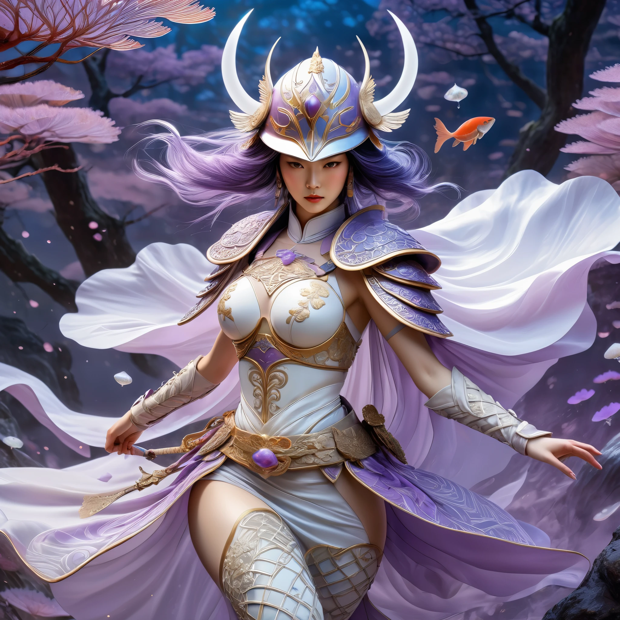 (best quality,4k,8k,highres,masterpiece:1.2),ultra-detailed,(realistic,photorealistic,photo-realistic:1.37), HDR,UHD,studio lighting,ultra-fine painting,sharp focus,physically-based rendering,extreme detail, onmyoji detailed art, 1woman, 30 years old, cyborg samurai, (dynamic pose:1.6), (show entire body),wide angle, Dynamic angle and composition,chinese three kingdoms, (from sengoku period), (She is wearing an ancient samurai light armor breastplate made of white marble:1.6), (cyber japan samurai armor), (fractal designs), clothed in old samurai uniform, (wearing kimono armor), (wearing a fish-shaped white acrylic helmet:1.37), highly detailed clothes, (her clothes have zentangle details adorned with beautiful gems:1.37), (She is wearing a leaf-shaped cape made of  cloth:1.4), Transparent petal-like cloth hangs from the woman's waist, pale purple hues, fantasy art, sci-fi, (concept art inspired by Kanō Hōgai), (Jean Giraud style), moebius, psychedelic, (Incredibly beautiful nature background with fungi:1.6), ethereal lighting, vibrant colors, intricate details, (surreal landscape), otherworldly creatures, mesmerizing pattern,cyber helmet, intricate helmet design, cosmic ambiance, dreamlike atmosphere, (mythical creatures), surrealistic composition, organic shapes, full body wuxia, from sengoku period