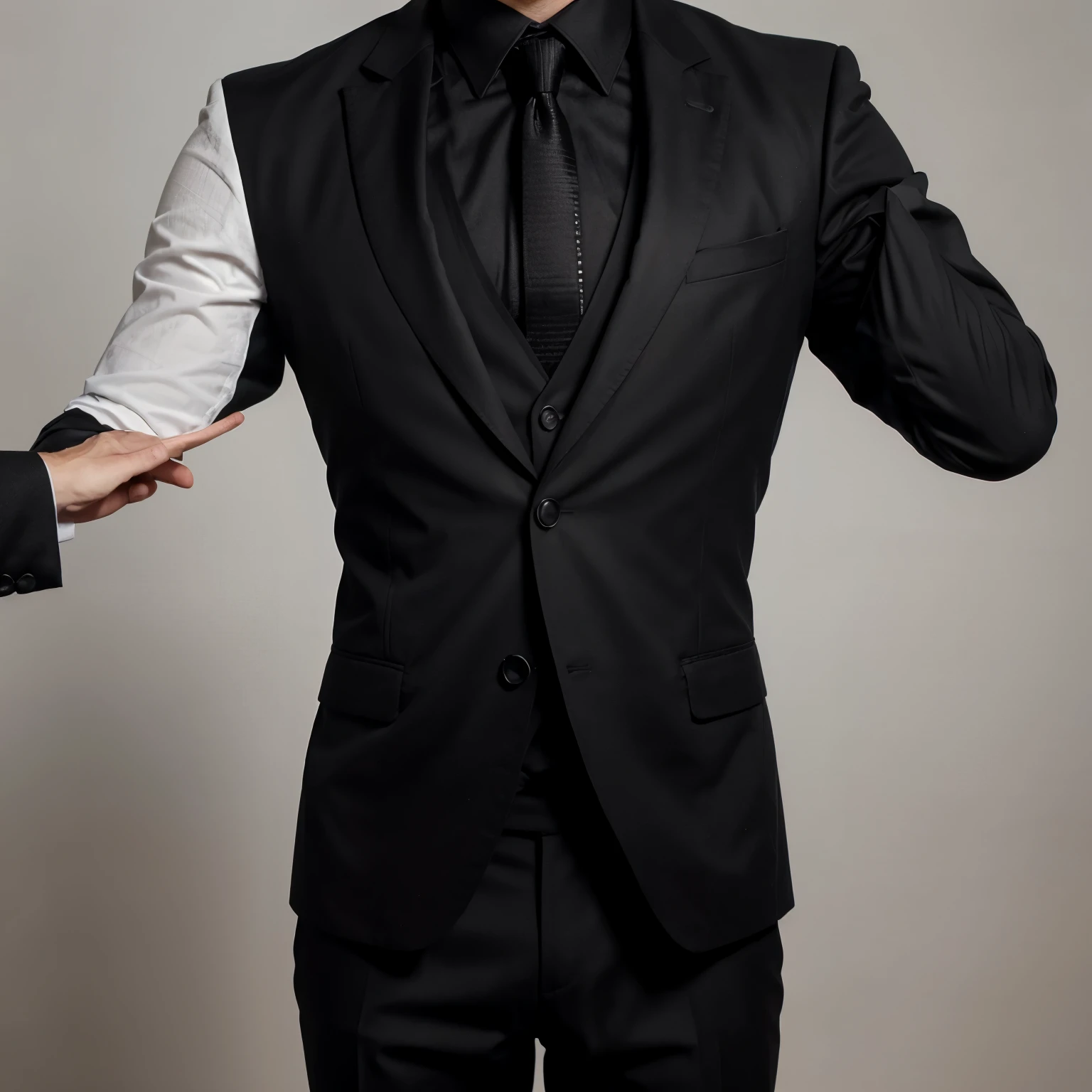 Create a detailed and elaborate image of an adult man, wearing a black suit, his body is aligned straight, his arms are in his pockets in a way that fits his body, against a white backdrop in the background, the image is clear and he has beautiful short black hair formally combed