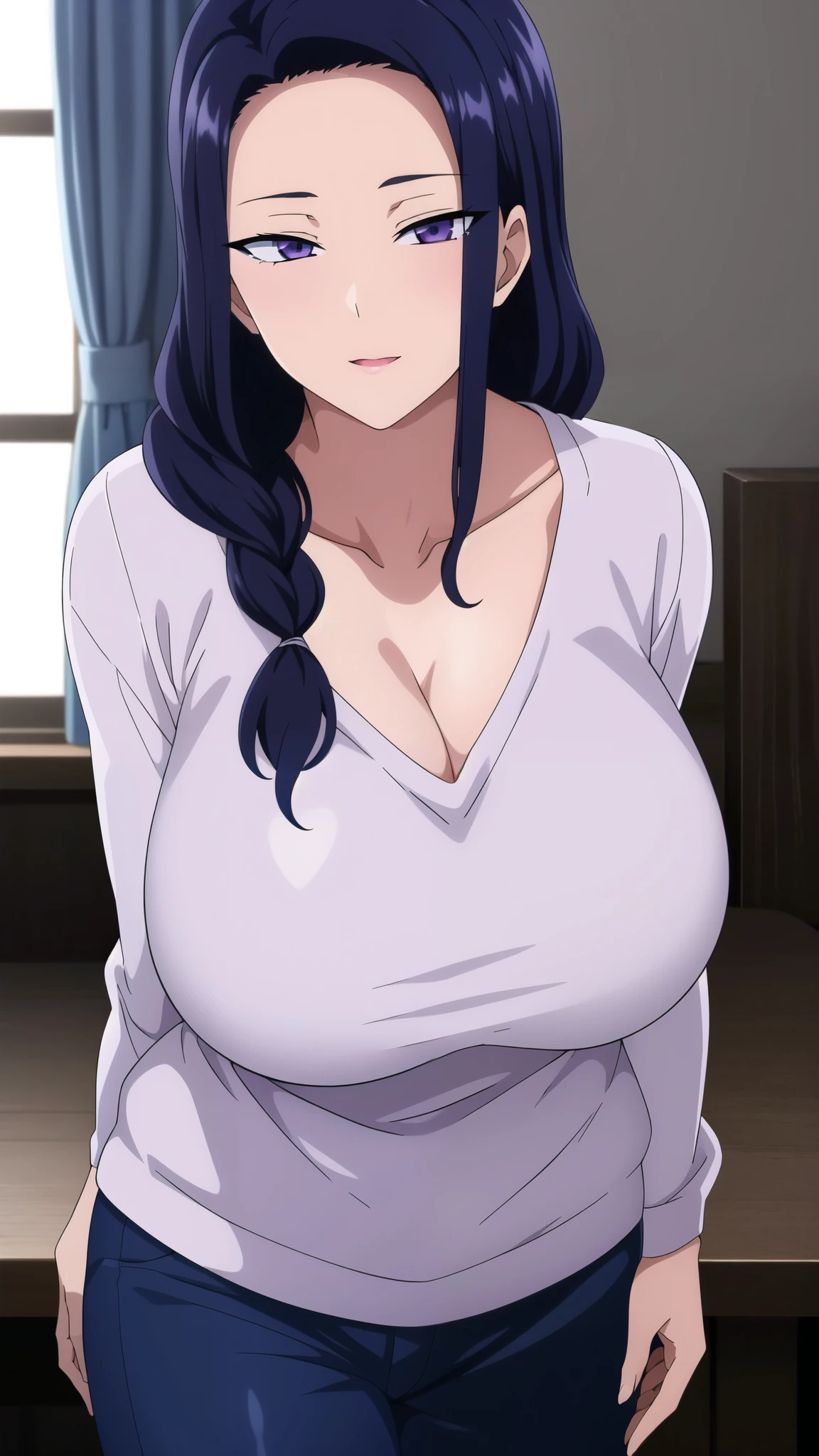 master piece, anime, 1girl, blue pants, mature woman, solo, long hair, huge breasts, black hair, , lilac eyes, collarbone, light blue sweater, single braid, (masterpiece: 1.0), (best_quality: 1.0), ultra high resolution, 4K, ultra detailed, long sleeves
