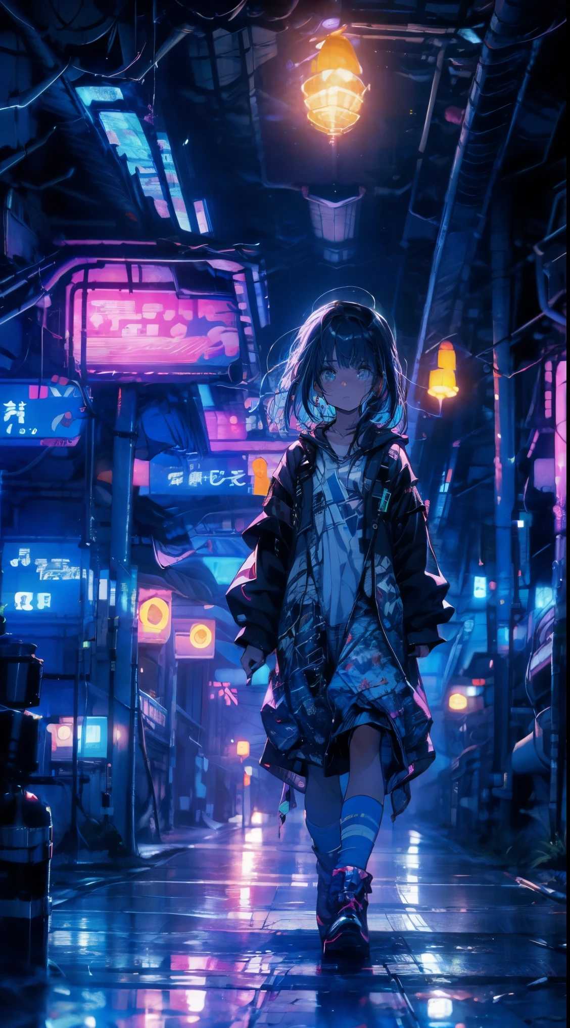pinturas maestras，calidad optima，lluvia，mujer adulta，belleza、muy depresivo，Con pelo negro corto，esta llorando，Mirando hacia un cielo nublado、Neon street in the background、neon color is blue.