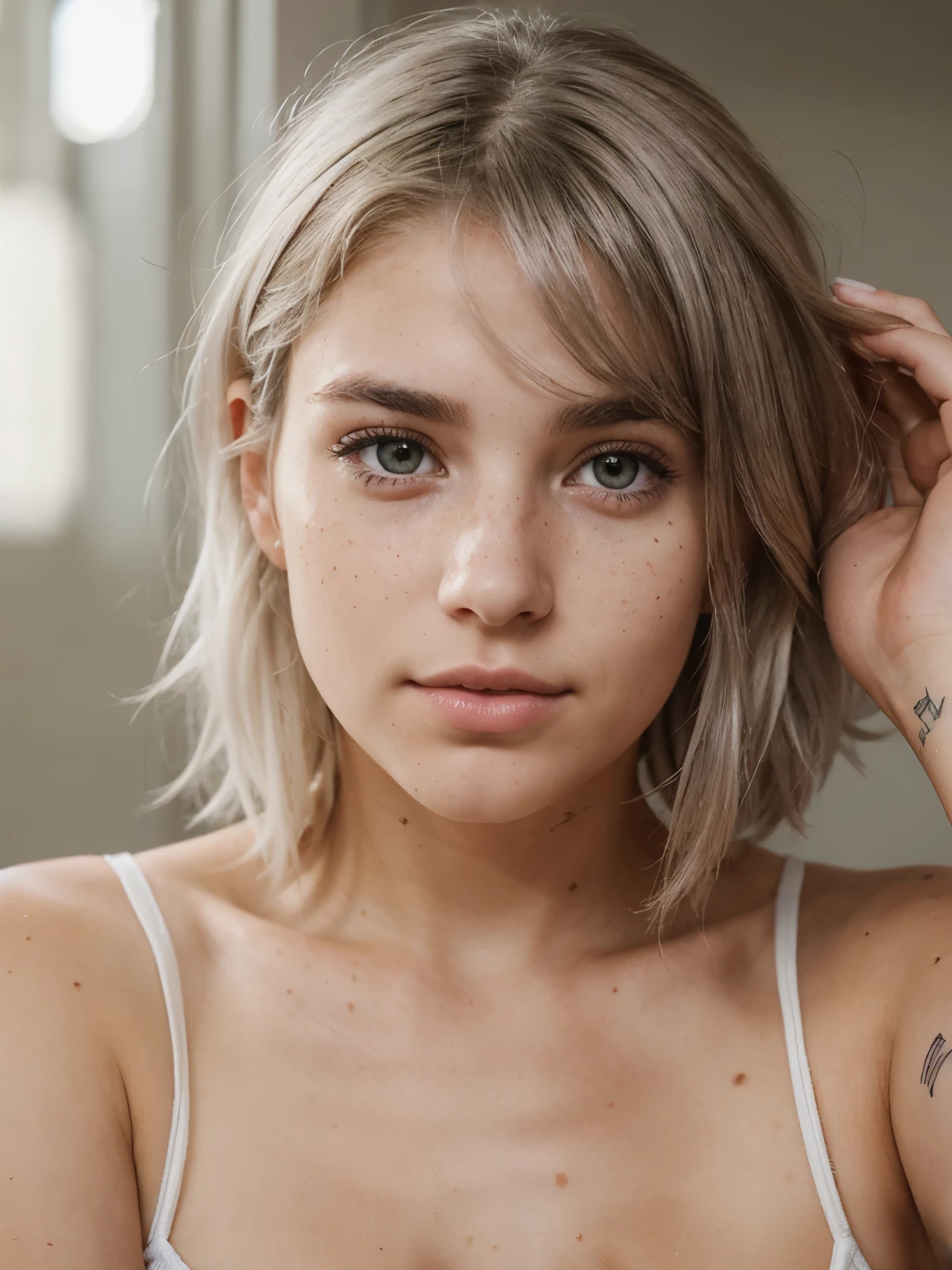 Create a profile image of an 22-year-old American woman, purple eyes, olive skin, freckles on her face, short and slightly messy white hair. front focus, ultra realistic