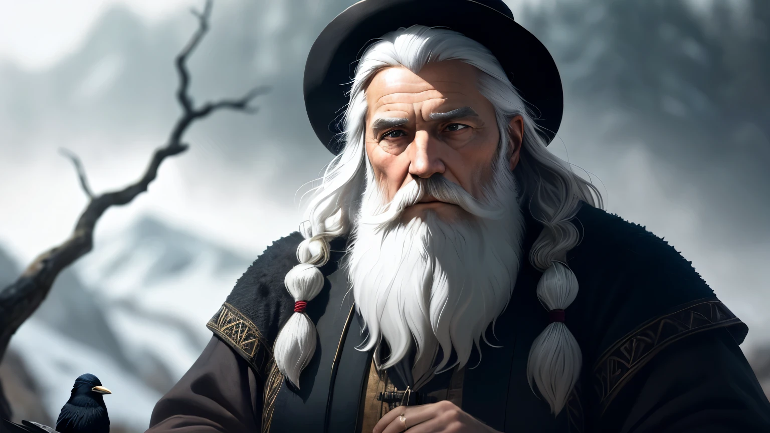The prophet Elijah, an old man with a flowing white beard and locks, stands still in the desolate wilderness. A raven perched on a nearby branch observes him with beady black eyes. The scene is rendered in 8K hyper-cinematic realism, with each strand of Elijah's white hair and beard intricately detailed. The textures are lifelike and vivid, and the lighting casts soft, cinematic shadows on their aged faces. The background is subtly blurred, drawing the focus to the prophet and the raven, creating an immersive and captivating image. (realista, detalhada, 8k