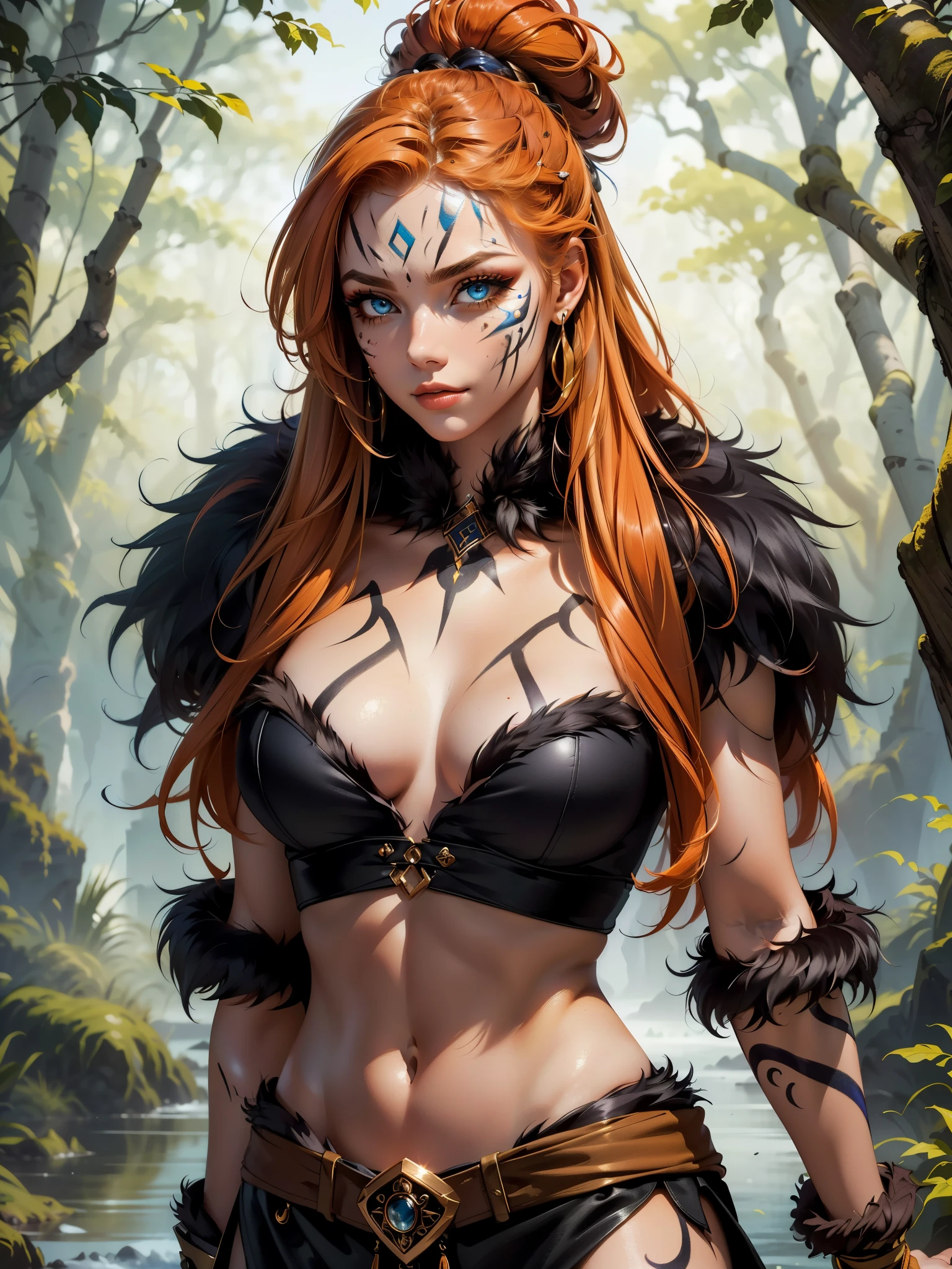 perfect eyes:1.2, detailed eyes:1.4, serious, long hair, hair up, barbarian, fur trim, facepaint:1.2, tribal, bodypaint, fur-trimmed coat, orange hair, nature, 1girl, solo, (masterpiece:1.6, best quality),