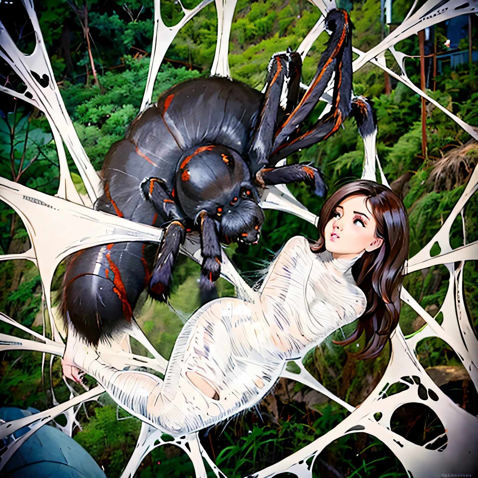 best quality,ultra-detailed,classroom,photorealistic,hanging,spiders in the web,long spider legs,beautiful girl,desperate struggle,entangled,despair,cocoon