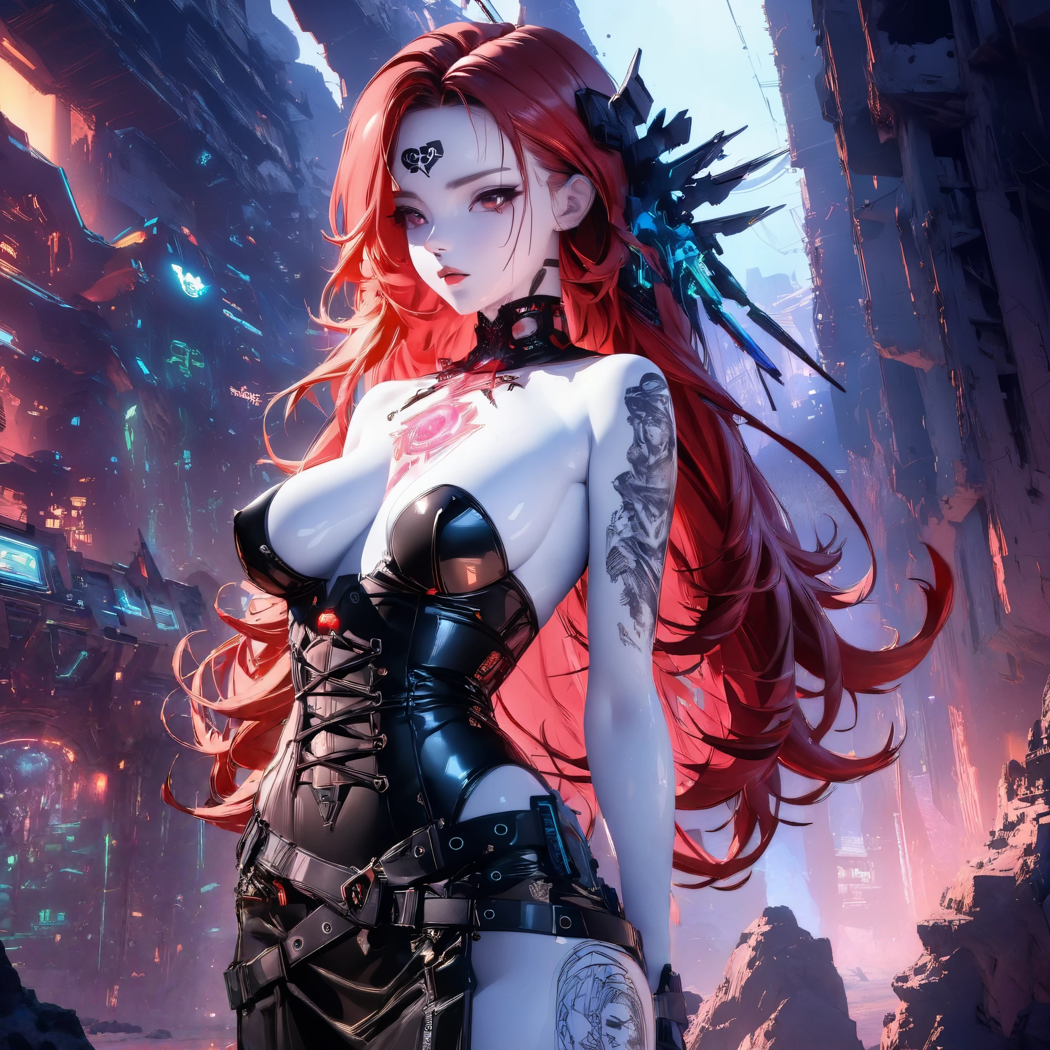 ((Create, Red-haired young girl-16+), (full height, very beautiful, long red hair, smooth clean, white skin, open body, bare shoulders))_ ((Red and black short evening dress), (dear jewelry, esoteric symbols, cyberpunk implants, electronic technology), (expensive futuristic jewelry on the body), (tattoos)), (her body is grace, elegance, ideal figure, a girl with long red hair, waist-length), (black metal , leather corset, rock stars), (demonic image, body in tattoos), (corset of belts, fasteners and fastenings, electronic implants woven into her outfit), (Goddess of Darkness, angel of the cyber World.), (magic amulets on breasts, cabalistic symbolism))_((Dynamic expressive image, detailed skin texture, graceful figure, sexy girlfriend, tattoos, erotic, dark angel)), (( NSFW))_(((Bright, anime style, cyberpunk), (Stylized Italian Renaissance, great art ), (magic and cyberpunk mixed together), (distant esoteric future, high technology - magic), (masterpiece, highest quality, background - futuristic horror style, engineering structures, temple of cyber technology))_ ((Clear frame, soft shadows , contrasting light), (warm range of colors, golden light, contrasting light with cold backlighting from the side, expressing volume and shape))_ ((Stylized 3D visualization imitating comic book graphic technique), (clear line, clear outline, shading, color fill))_((High quality, 4K | Ultra HD | Full HD, cinematic rendering)).
