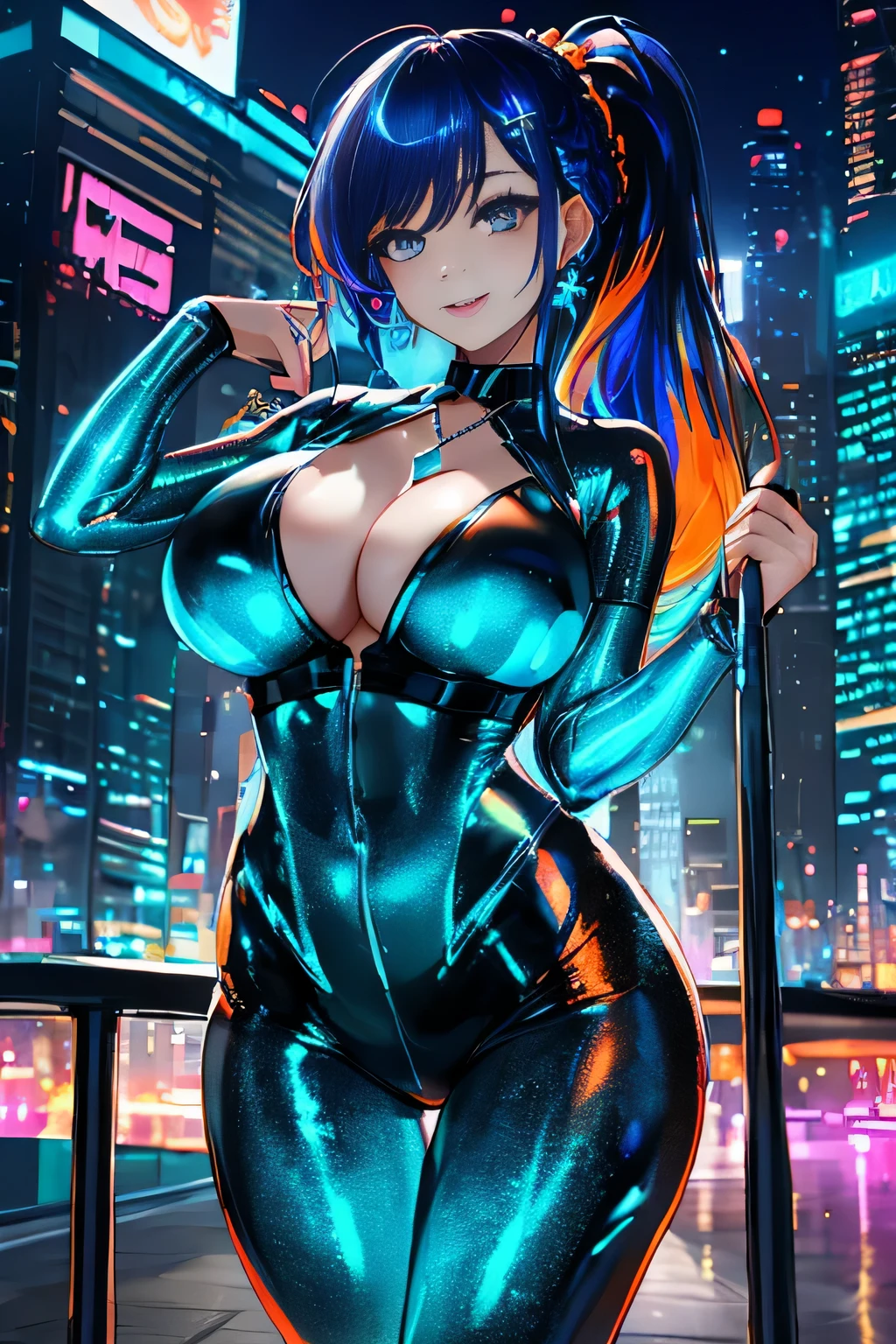cyber city at night,(Gorgeous night view illumination:1.3).(y super shiny orange transparent holographic mechanical cyberpunk suit:1.3) ,necklace,earrings, smile.sexose, (silver hair、Ponytail twisted buns decorated with elaborate braids and beads,Braided setup fishbone hair,colorful hair tips),(The bangs are see-through bangs),(hairpin、ponytail、floating hair、),Breast,(emphasize big breasts:sional lighting,cinematic light,(table top,highest quality,Ultra high resolution output image,) ,(8K quality,),(sea art 2 mode:1.3),,(Image mode Ultra HD,)