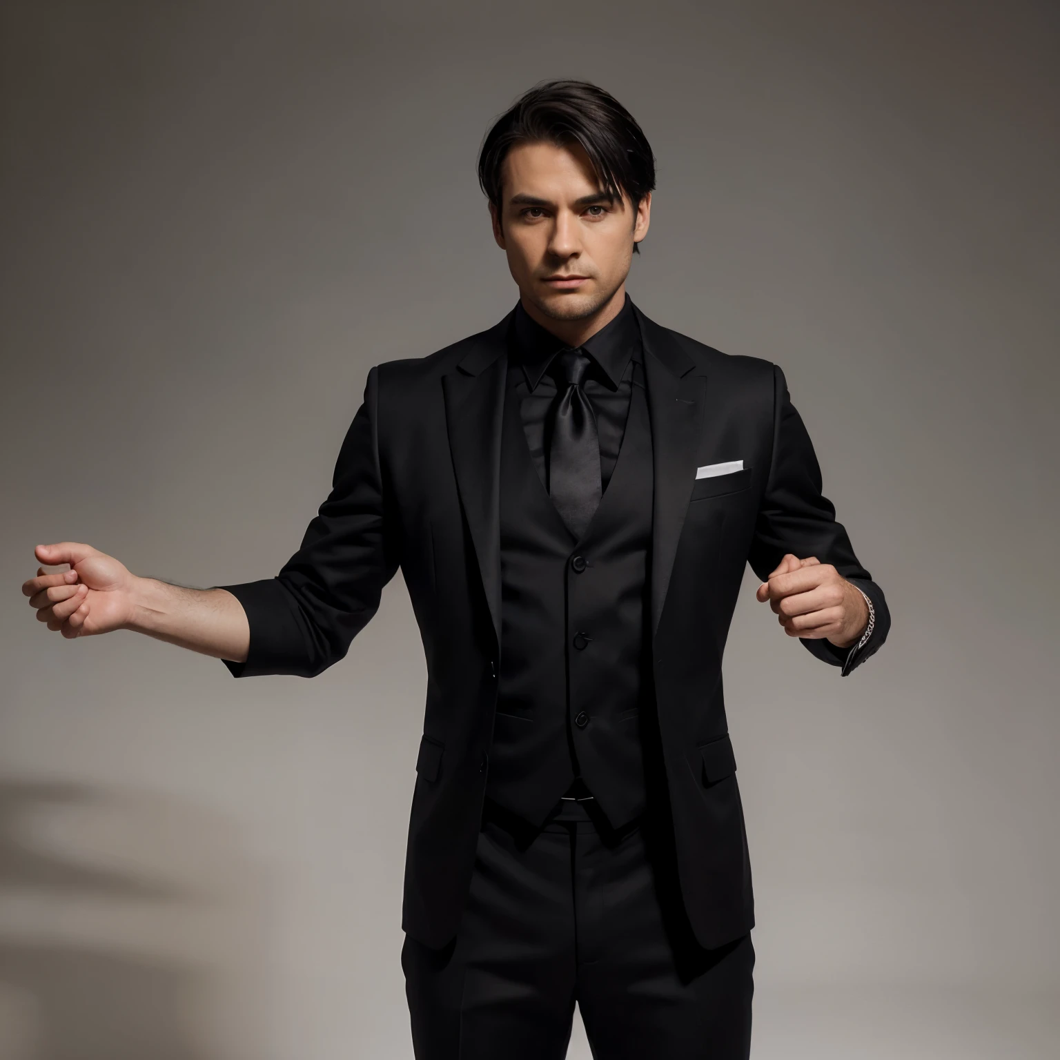 Create a detailed and elaborate image of an adult man, wearing a black suit, various positions, his body is aligned straight, his arms are in his pockets in a way that fits his body, against a white backdrop in the background, the image is clear and he has beautiful short black hair formally combed