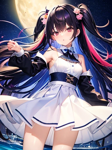 kindness、oxytocin、(bust 80cm chest)、high quality、masterpiece、rainbow colored hair、(((beautiful fine hair、Water thread hair)))、Adult clothes,, lace black stockings, 、sandy beach、seaside、night sky、full moon、meteor、embarrassed face、Cherry blossom petals are dancing、