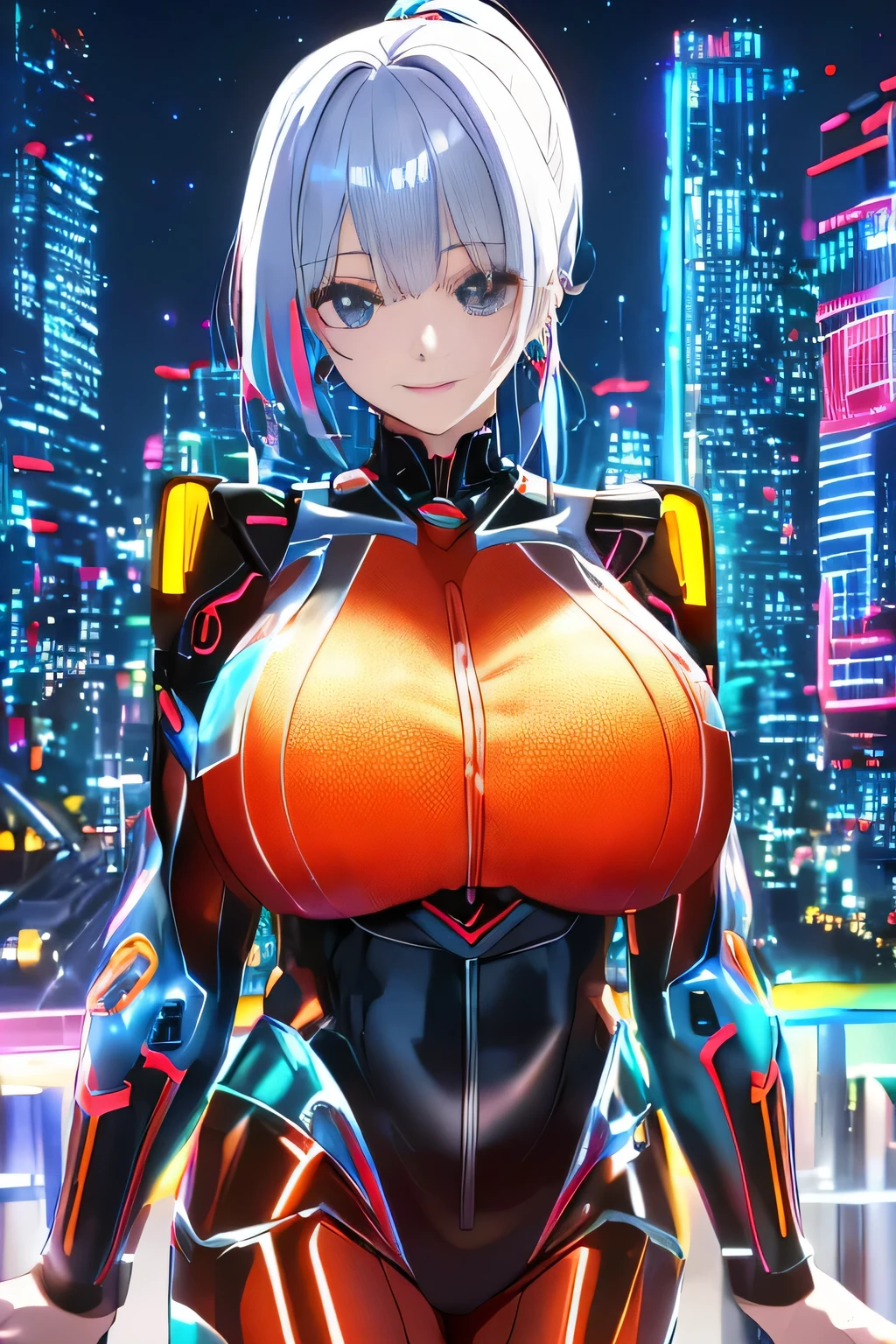 cyber city at night,(Gorgeous night view illumination:1.3).(Sexy super shiny orange transparent holographic mechanical cyberpunk suit:1.3) ,necklace,earrings, smile.sexy pose, (silver hair、Ponytail twisted buns decorated with elaborate braids and beads,Braided setup fishbone hair,colorful hair tips),(The bangs are see-through bangs),(hairpin、ponytail、floating hair、),Breast flick,(emphasize big breasts:1.3),professional lighting,cinematic light,(table top,highest quality,Ultra high resolution output image,) ,(8K quality,),(sea art 2 mode:1.3),,(Image mode Ultra HD,)