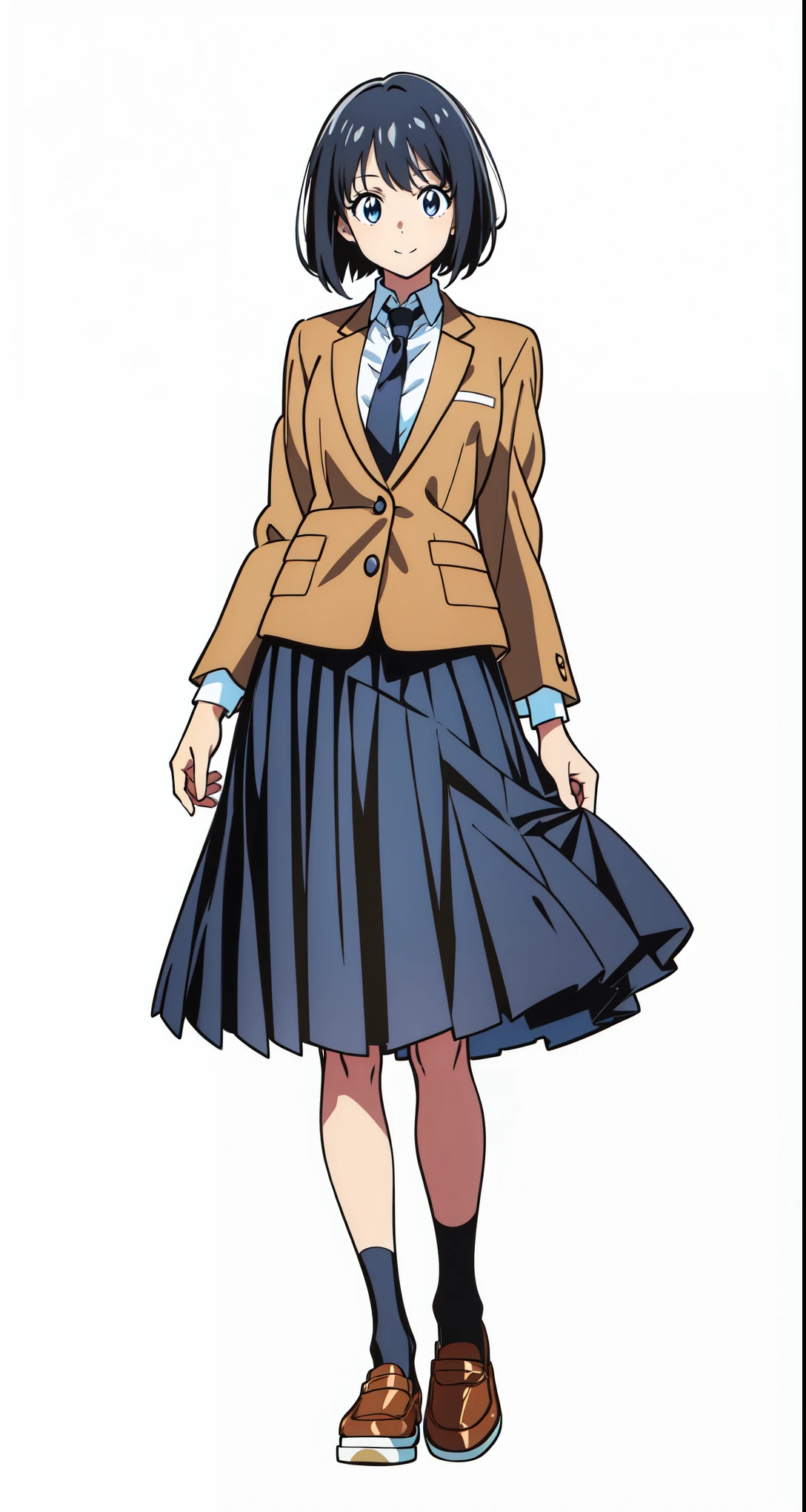 (best quality:1.0), (masterpiece:1.0), (super fine illustration:1.0), (beautiful artwork:1.0), (anime screencap:1.0), (official art:1.0), (tareme:1.5), (cheerful:1.5), (light smile:1.5), (white background:1.0), (best quality:1.0), (masterpiece:1.0), (super fine illustration:1.0), (beautiful artwork:1.0), (anime screencap:1.0), (official art:1.0), (full body:1.0), (solo:1.0), (HSGA:1.0), (a 18yo cute girl:1.0), (long skirt:1.0), (dark blue skirt:1.0), (pleated skirt:1.0), (school uniform beige blazer:1.0), (dark blue necktie:1.0), (loafers:1.0), (black socks:1.0), (ideal ratio body proportions:1.0), (lanky:1.0), (tall:0.0), (slender:1.0), (small breasts:1.0), (smaller face:0.0), (tareme:1.0), (detailed beautiful eyes:1.0), (detailed beautiful face:1.0), (glowing black eyes:1.0), (bob cut hair:1.0), (black hair:1.0), (standing:1.0), (looking at viewer:1.0)