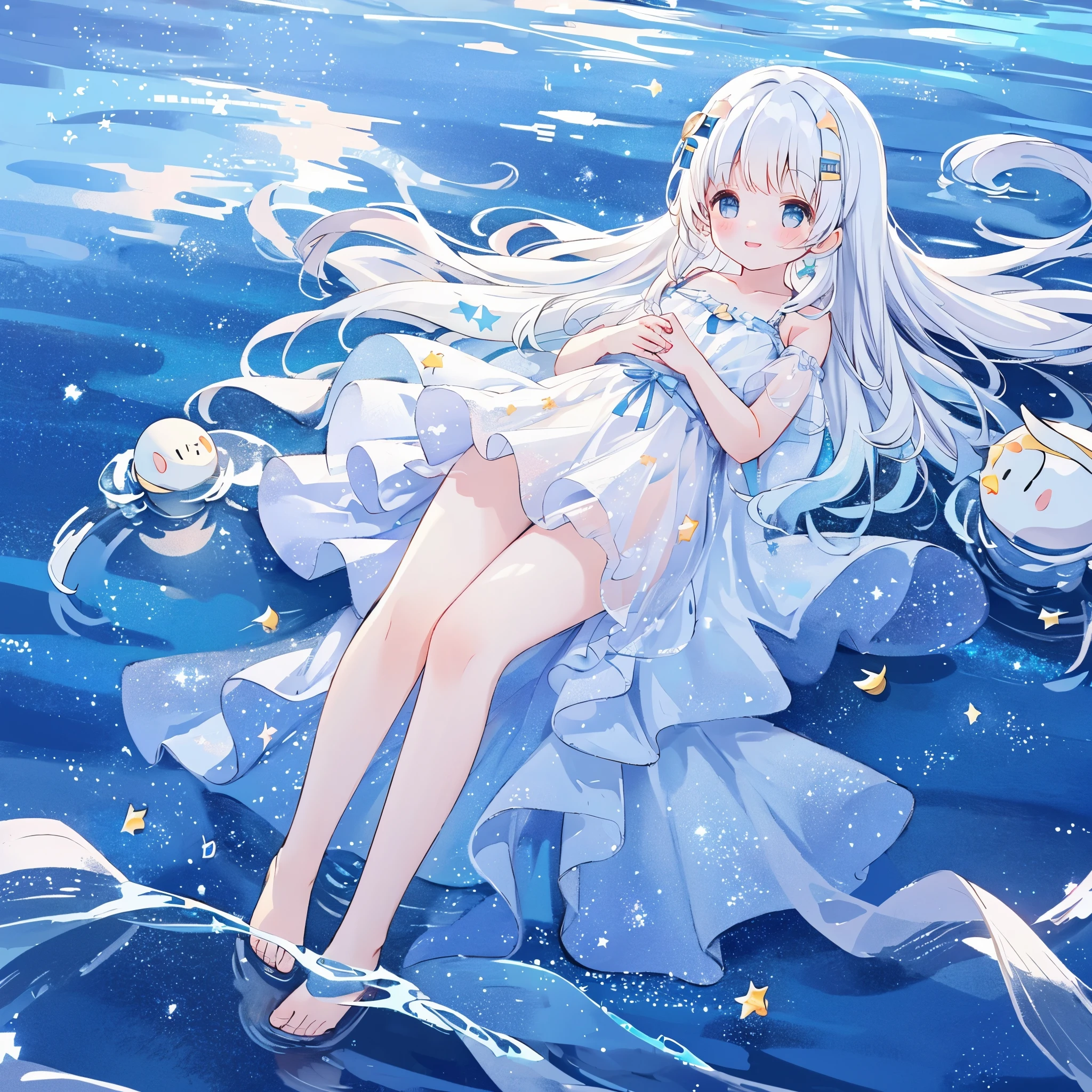 an ocean of stars, night sky, colorful, ethereal, charming girl in a white sheer doll dress, white hair, walking on the water, Her smile was filled with tenderness and joy, giant crescent white moon dipping into the water in the background, (((((((stars))))))