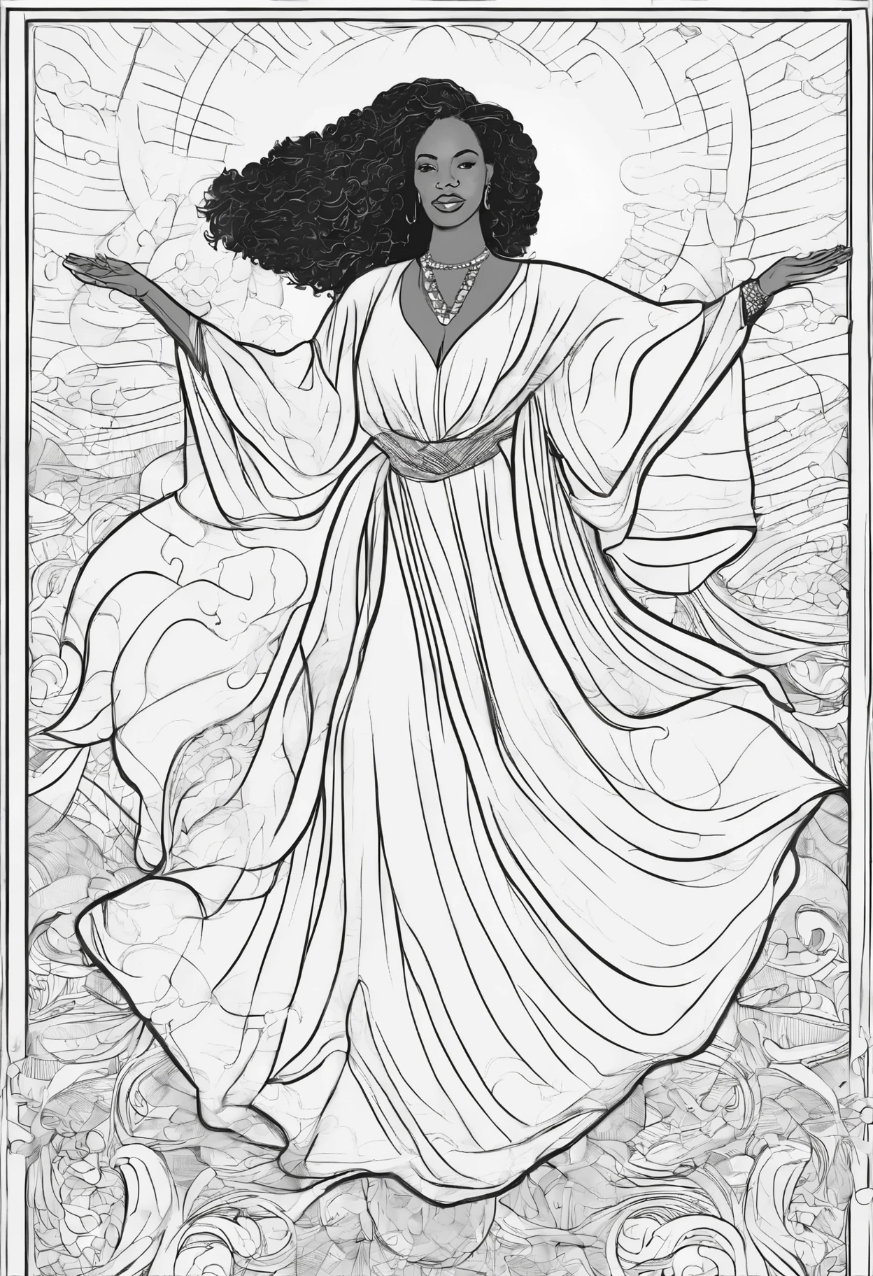 a black woman with beautiful wavy hair wearing a loose fitting long flowing dress with loose sleeves praise dancing with a christian cross in the background with hearts in the background, high quality, coloring book, hand-art, line draw--ar 17:22