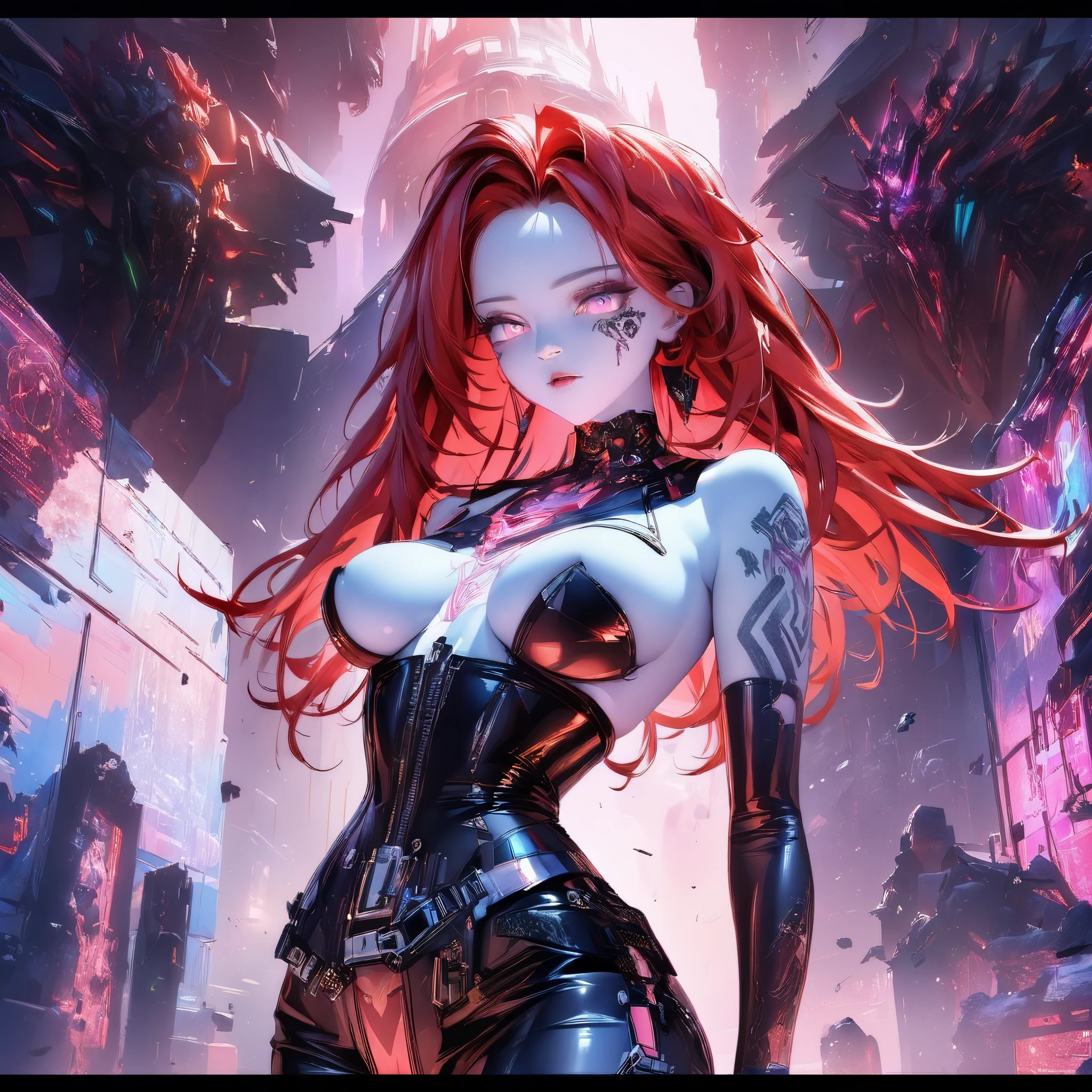 ((Create, Red-haired young girl-16+), (full height, very beautiful, long red hair, smooth clean, white skin, open body, bare shoulders))_ ((Red and black short evening dress), (dear jewelry, esoteric symbols, cyberpunk implants, electronic technology), (expensive futuristic jewelry on the body), (tattoos)), (her body is grace, elegance, ideal figure, a girl with long red hair, waist-length), (black metal , leather corset, rock stars), (demonic image, body in tattoos), (corset of belts, fasteners and fastenings, electronic implants woven into her outfit), (Goddess of Darkness, angel of the cyber World.), (magic amulets on breasts, cabalistic symbolism))_((Dynamic expressive image, detailed skin texture, graceful figure, sexy girlfriend, tattoos, erotic, dark angel)), (( NSFW))_(((Bright, anime style, cyberpunk), (Stylized Italian Renaissance, great art ), (magic and cyberpunk mixed together), (distant esoteric future, high technology - magic), (masterpiece, highest quality, background - futuristic horror style, engineering structures, temple of cyber technology))_ ((Clear frame, soft shadows , contrasting light), (warm range of colors, golden light, contrasting light with cold backlighting from the side, expressing volume and shape))_ ((Stylized 3D visualization imitating comic book graphic technique), (clear line, clear outline, shading, color fill))_((High quality, 4K | Ultra HD | Full HD, cinematic rendering)).