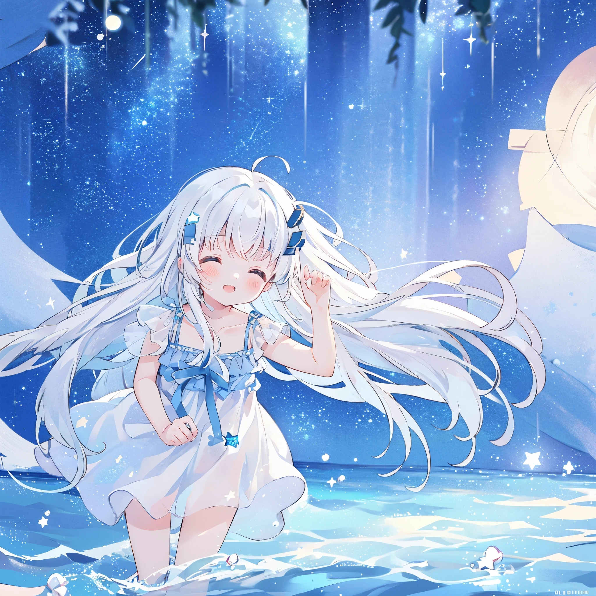 an ocean of stars, night sky, colorful, ethereal, charming girl in a white sheer babydoll dress, white hair, walking on the water, Her smile was filled with tenderness and joy, giant crescent white moon dipping into the water in the background, (((((((stars))))))