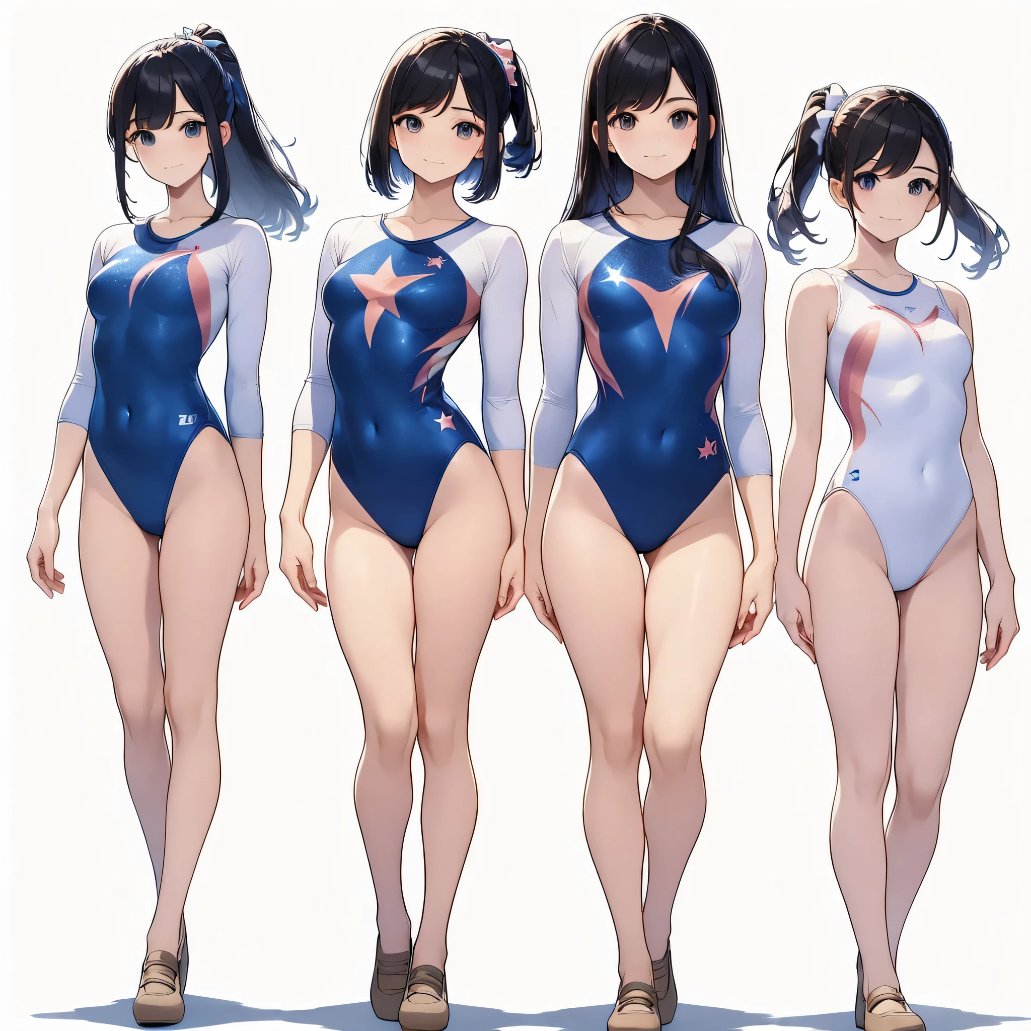 ((full body)),(masterpiece, best quality), (3 girls1.5) ,((Contrapposto:1.5)), looking at viewer, walking,((v_arms:1.2)), wearing gymnastics_longsleeves_leotard_outfit leotard:1.3),(blue leotard) ,(stars print:1.3), BREAK masterpiece black hair, ((long hair:1.2)), ((parted bangs:1.3)), black eyes, good hand, ((small breasts)), (over 20 years old, under 25 years old:1.2), , spotlight, happy, smile, BREAK in the class room