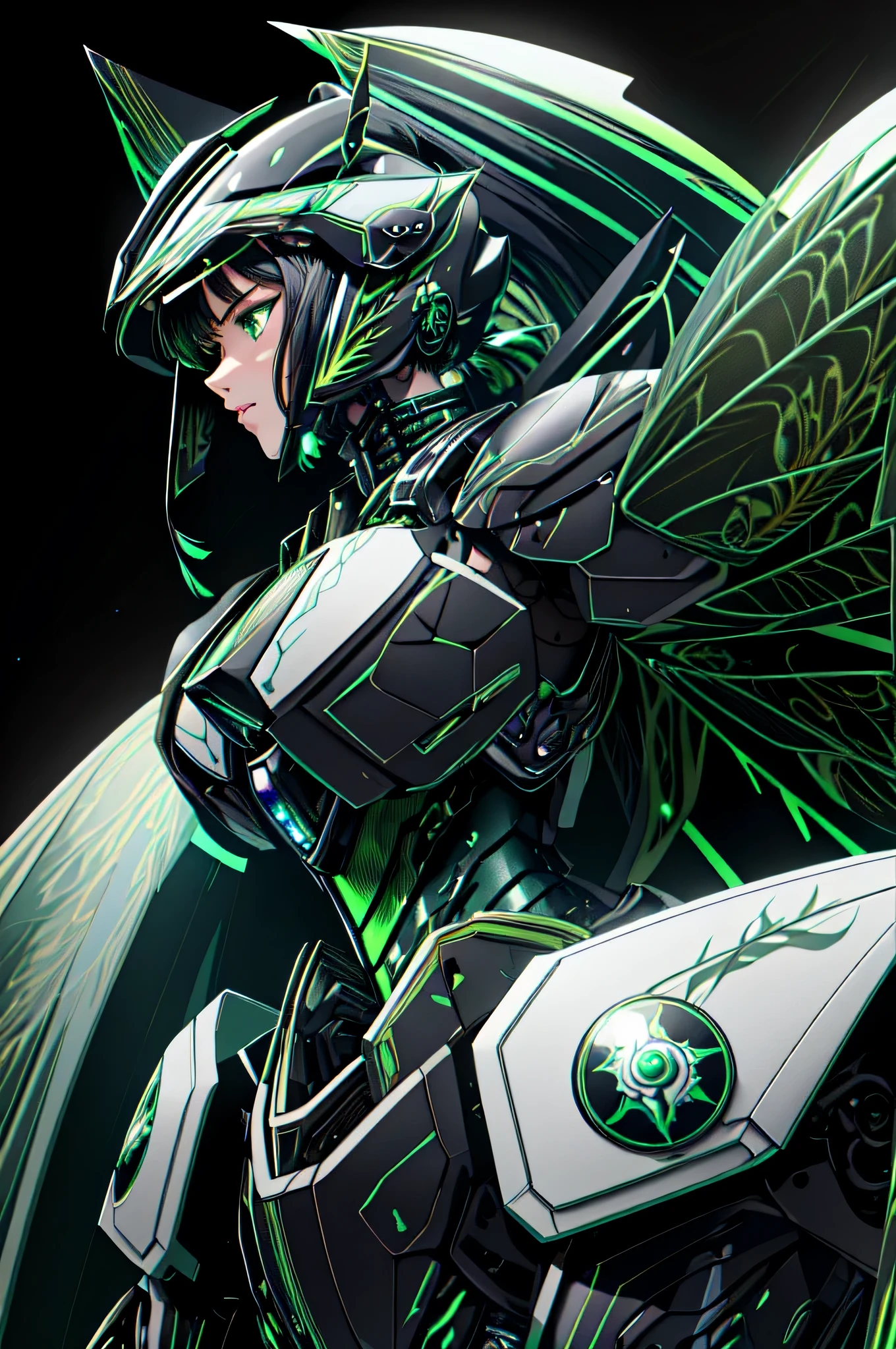(masterpiece, best quality:1.3),extremely high detailed, intricate, 8k, HDR, wallpaper, cinematic lighting, (universe),(Mecha musume:1.3), glowing, black armor, glowing green eyes, mecha, black hair, ponytail, (large mechanical fairywings:1.2), (black and green theme:1.4), (fairy, girl:1.2), (large breasts:1.1), (white background:1.3), (pacific rim style helmet:1.1)