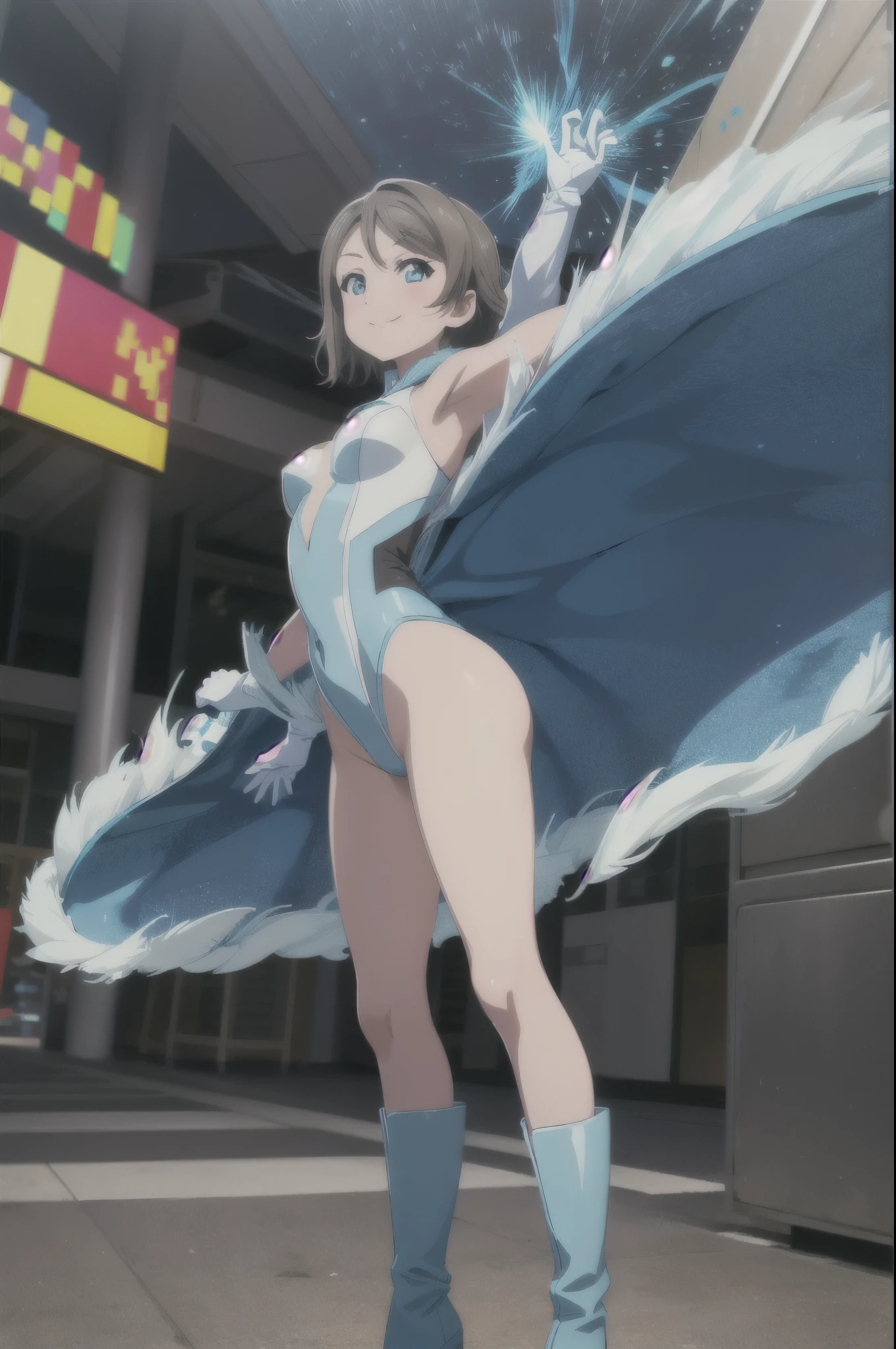 (((pixel-perfect, detail-perfect))), watanabe you, 1girl, leotard, spinning, time travel, super power, superhero, tornado, super tornado, whirlwind, twirling, super speed, bare legs, anime, super spin, standing straight, detailed, boots, gloves, rapid gyration, smile